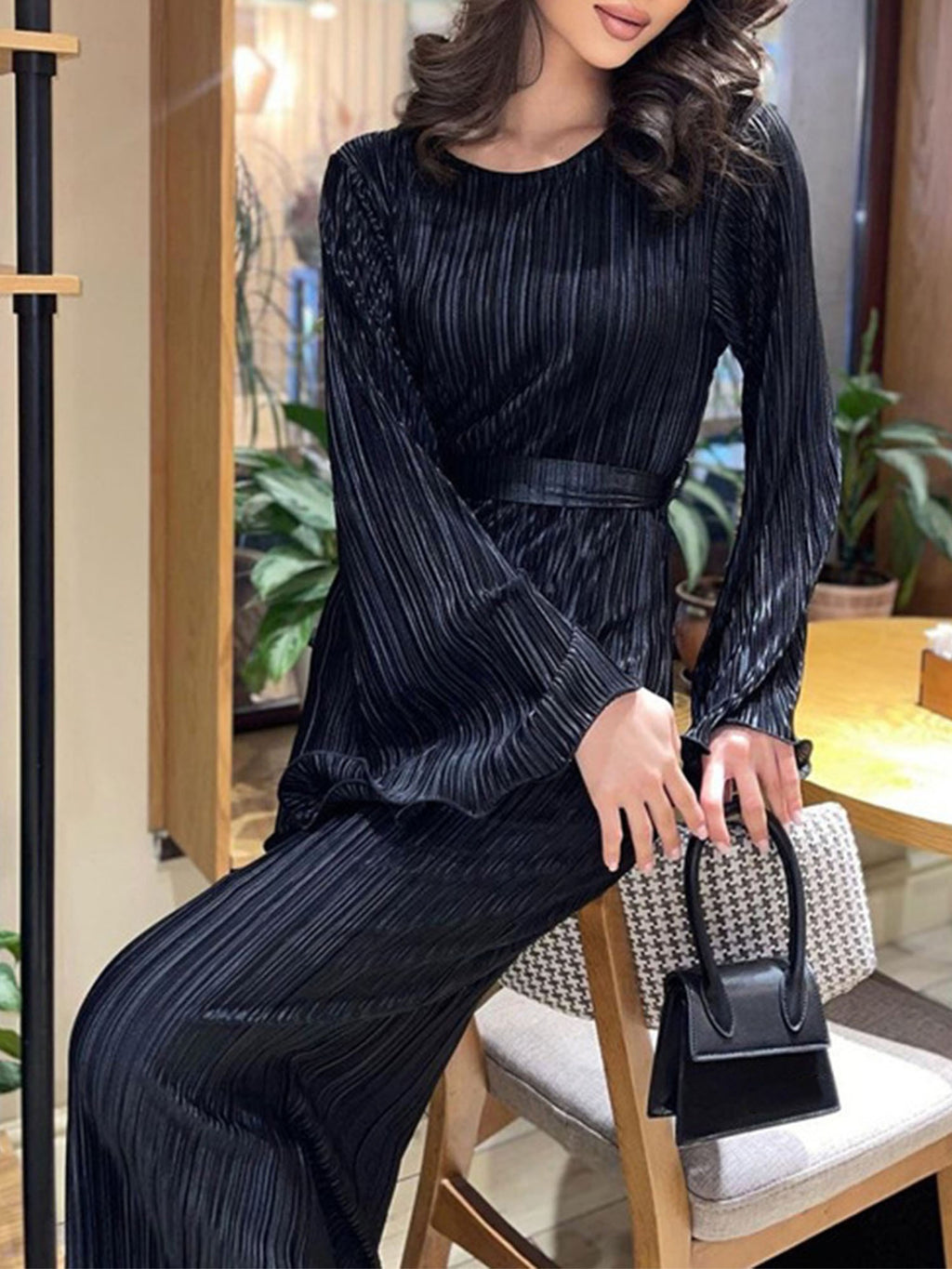 Crew Neck Plain Color Maxi Dress, Elegant Long Sleeve Dress For Spring & Fall, Women's Clothing