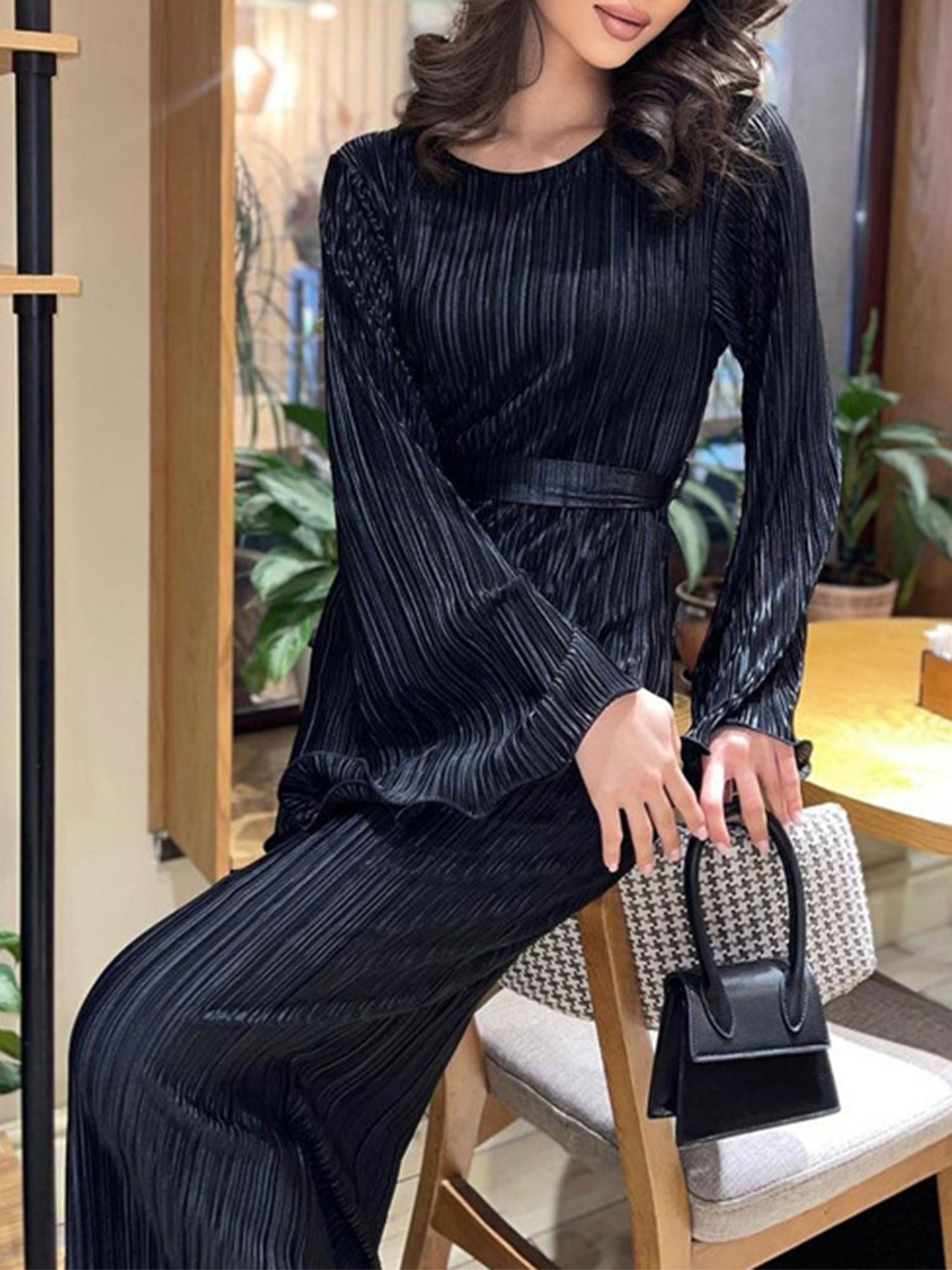 Crew Neck Plain Color Maxi Dress, Elegant Long Sleeve Dress For Spring & Fall, Women's Clothing