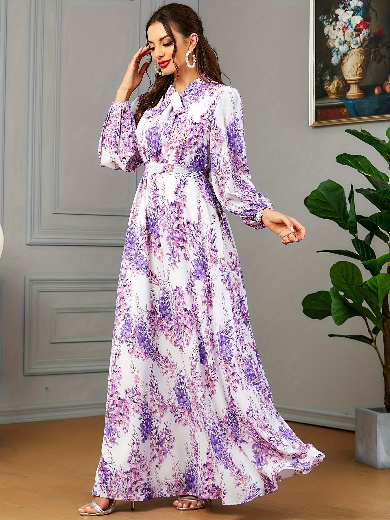 Ramadan Chic - Floral Print Tie Neck Kaftan Abayas - Adjustable Belted Maxi Dress with Full-Length Sleeves - Elegant Womens Ramadan Clothing