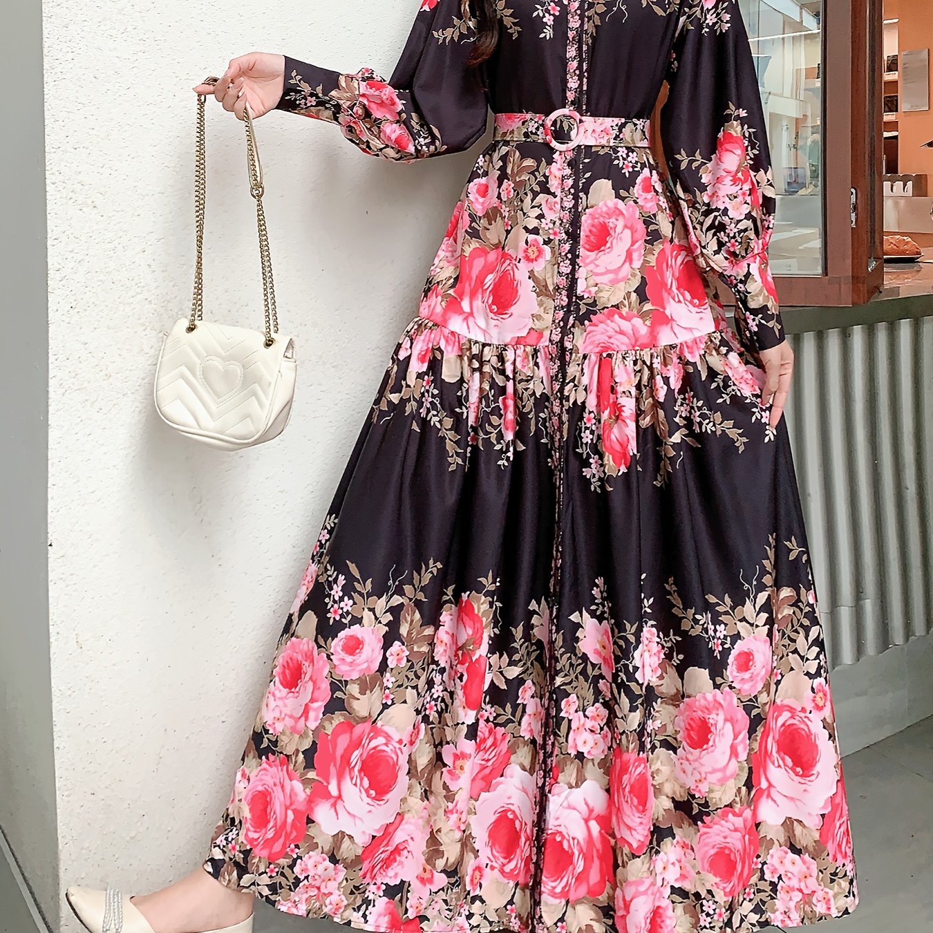 1pc Elegant Vintage Floral Chiffon Dress for Women - Long Sleeve Stand Collar Maxi Dress with Belt Detail, Regular Fit Woven Dress for All Seasons