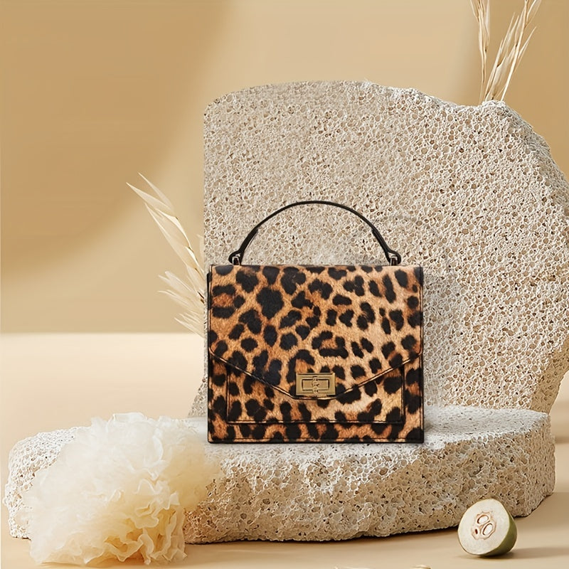 Leopard Print Handbag, Vintage Square Clutch Purse, Women's PU Leather Satchel Bag For Prom