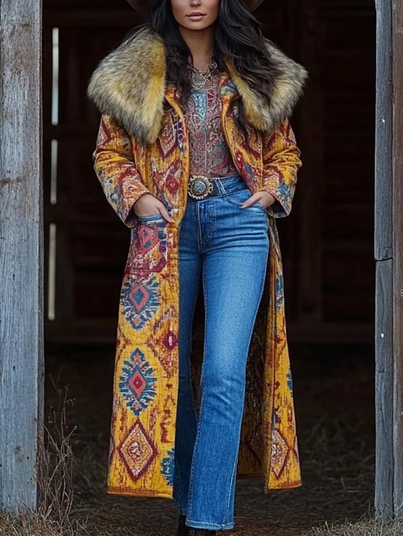 Women'S Elegant Western Style Floral Print Jacket with Large Faux Fur Collar - All-Season Warm Long Coat, Button Front Closure & Vibrant Multicolor Design (Turquoise/Red/Orange/Yellow/Pink) for Casual & Formal Outfits - Durab
