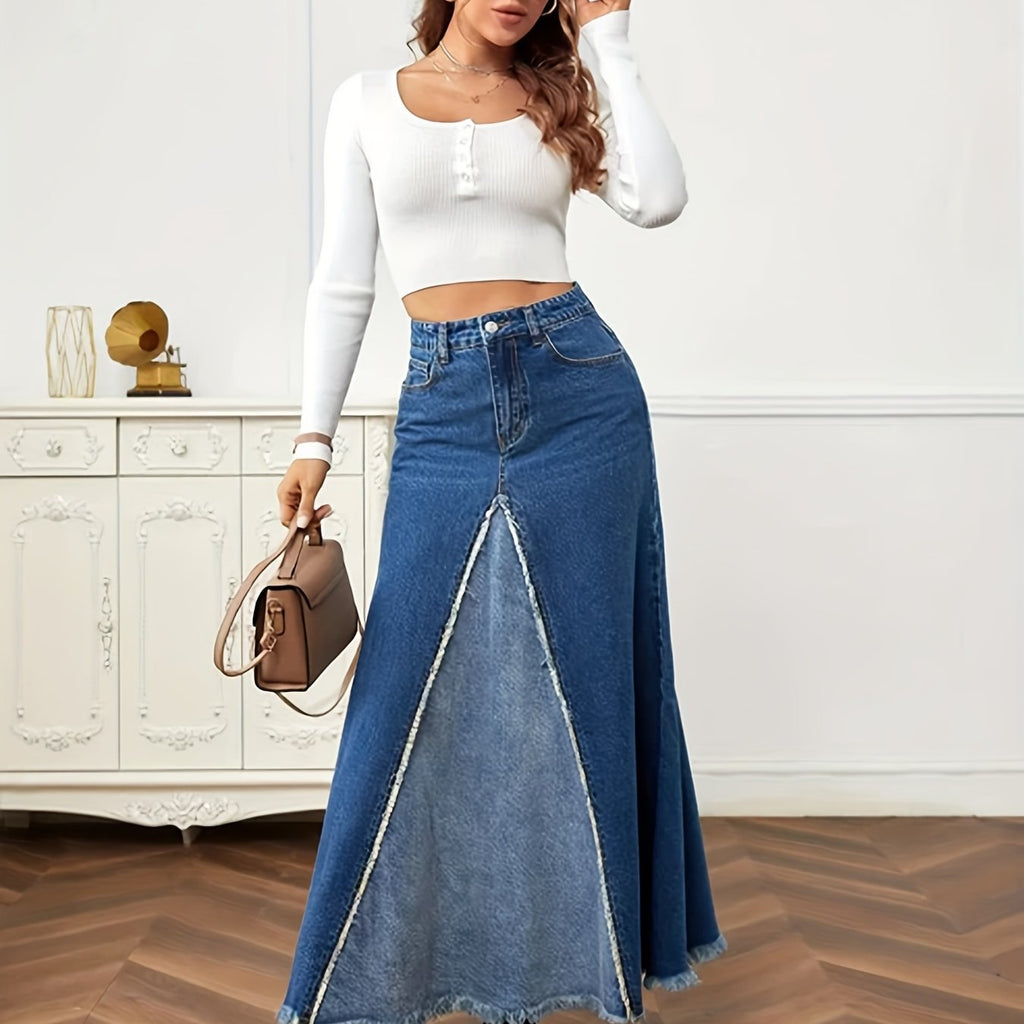Two Tone Patchwork Denim Midi Skirt, Frayed Hem Slant Pockets Chic Denim Skirt, Women's Denim Clothing