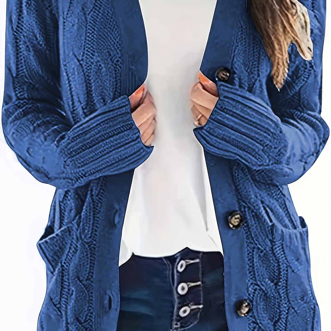 Plus Size Side Pockets Button Front Cardigans, Casual V Neck Solid Color Long Sleeve Cable Knit Cardigans Top For Winter & Fall, Women's Plus Size Clothing