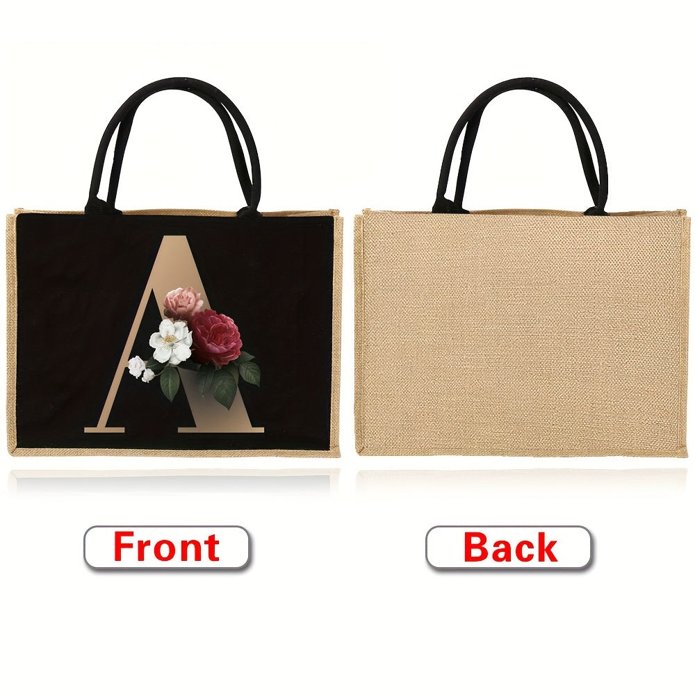 Floral Print Women's Reusable Jute Tote Bags with Golden Letters (K, M, I, N) - Large Capacity Shopping Bags, Durable S for Groceries & Shopping, Shopping Bag|Decorative Tote|Durable Handle, Tote Bag