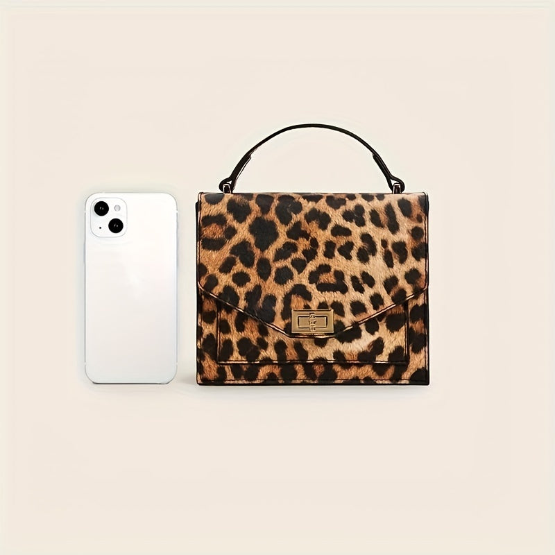 Leopard Print Handbag, Vintage Square Clutch Purse, Women's PU Leather Satchel Bag For Prom