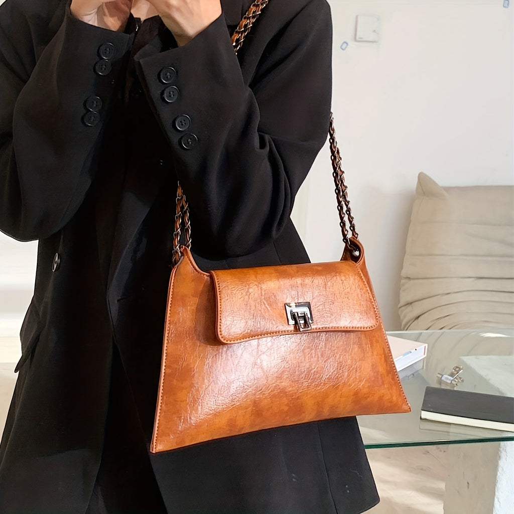 Vintage Glam Metal Chain Baguette Bag - Chic Underarm Purse with Premium Faux Leather Texture and Timeless Chain Strap - Versatile Fashion Accessory