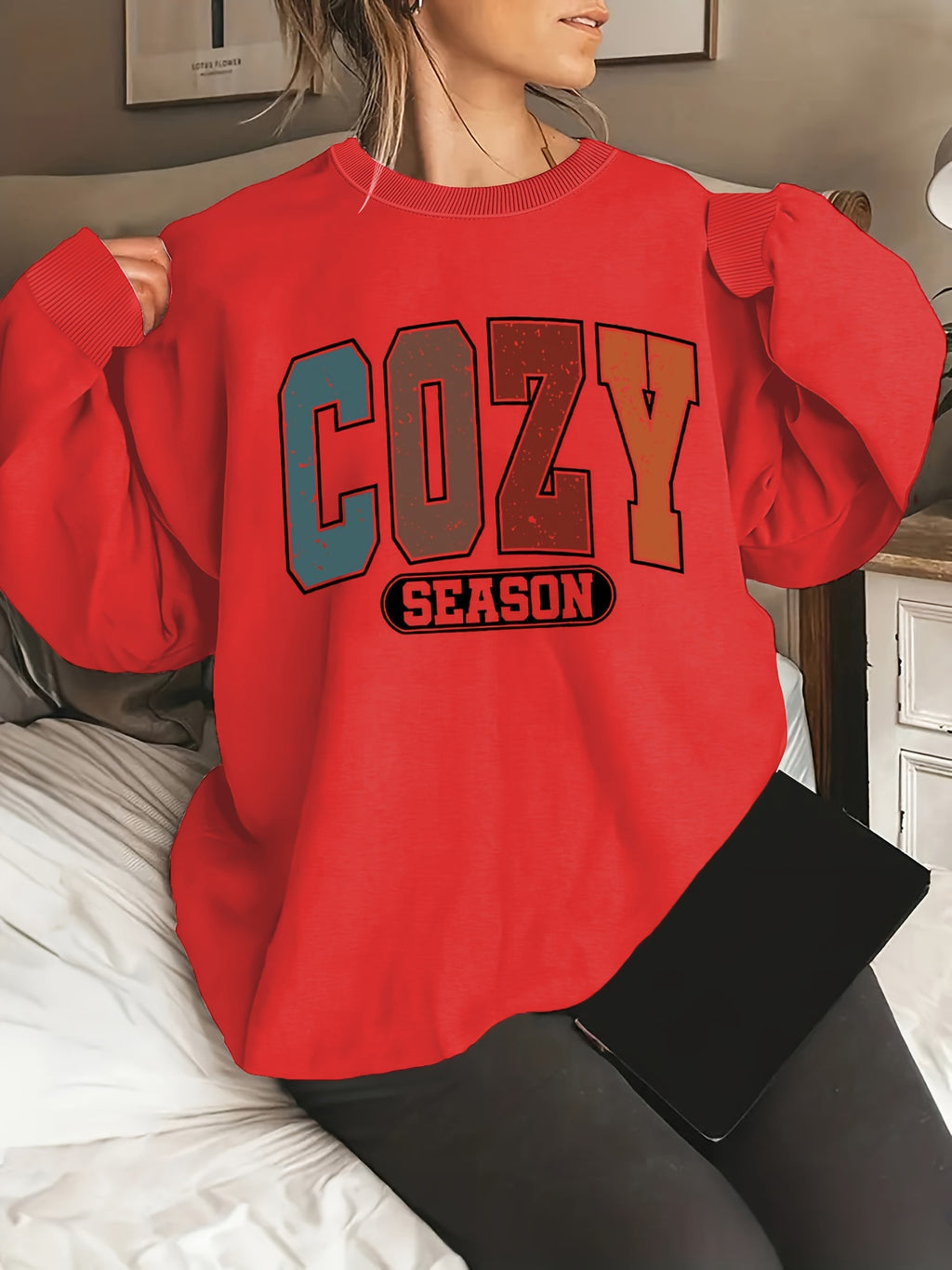 Plus Size Letter Print Sweatshirt, Casual Crew Neck Long Sleeve Pullover Sweatshirt, Women's Plus Size Clothing