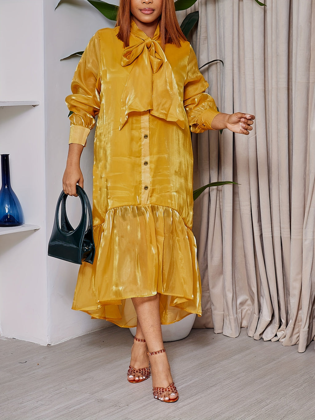 Plus Size Solid Color Dress, Casual Long Sleeve Tie Neck Button Front Ruffle Hem Dress For Spring & Summer, Women's Plus Size Clothing
