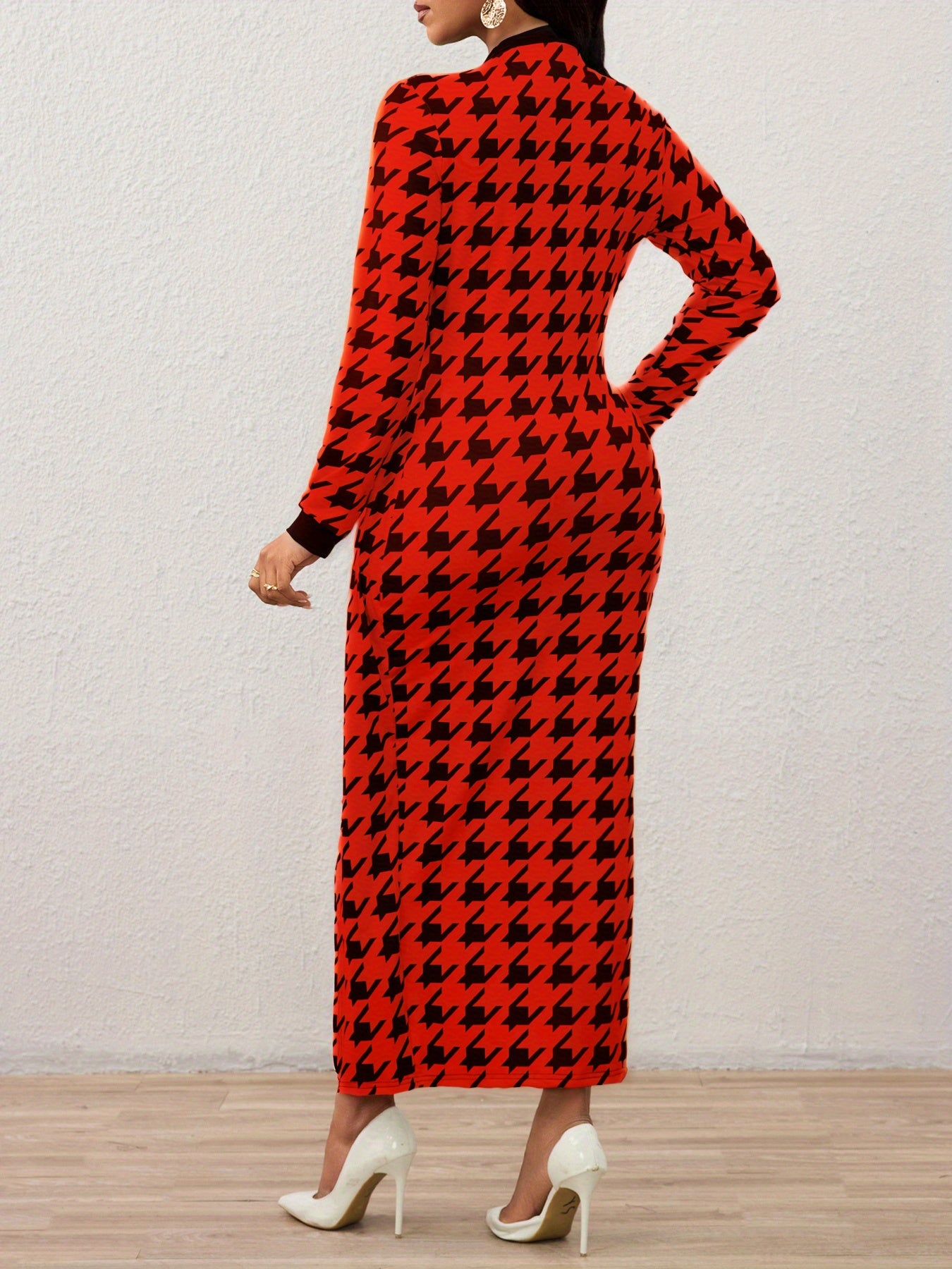 Elegant Long-Sleeve Houndstooth Maxi Dress | Spring Season, Fitted Style, Conventional Collar