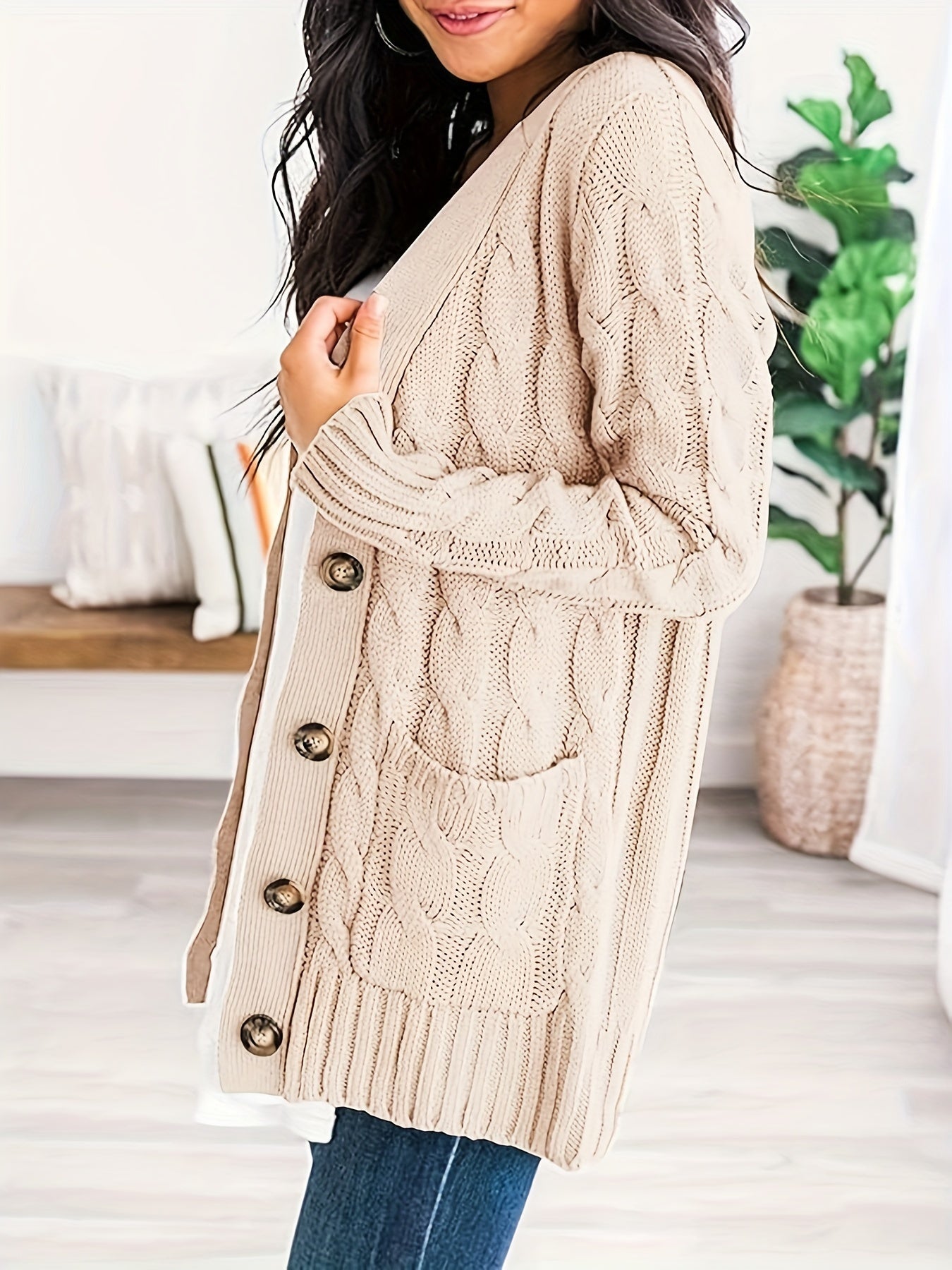 Plus Size Side Pockets Button Front Cardigans, Casual V Neck Solid Color Long Sleeve Cable Knit Cardigans Top For Winter & Fall, Women's Plus Size Clothing