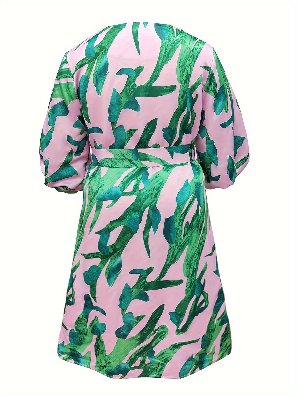 Plus Size Abstract Print Dress, Casual Half Sleeve V Neck Button Front Belted Midi Dress For Spring & Summer, Women's Plus Size Clothing