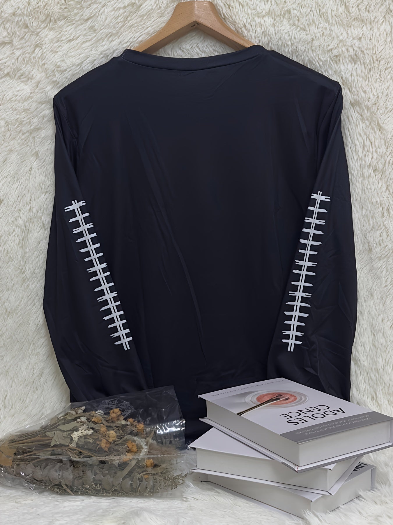 Plus Size Football Print Crew Neck T-shirt, Casual Long Sleeve Top For Spring & Fall, Women's Plus Size Clothing