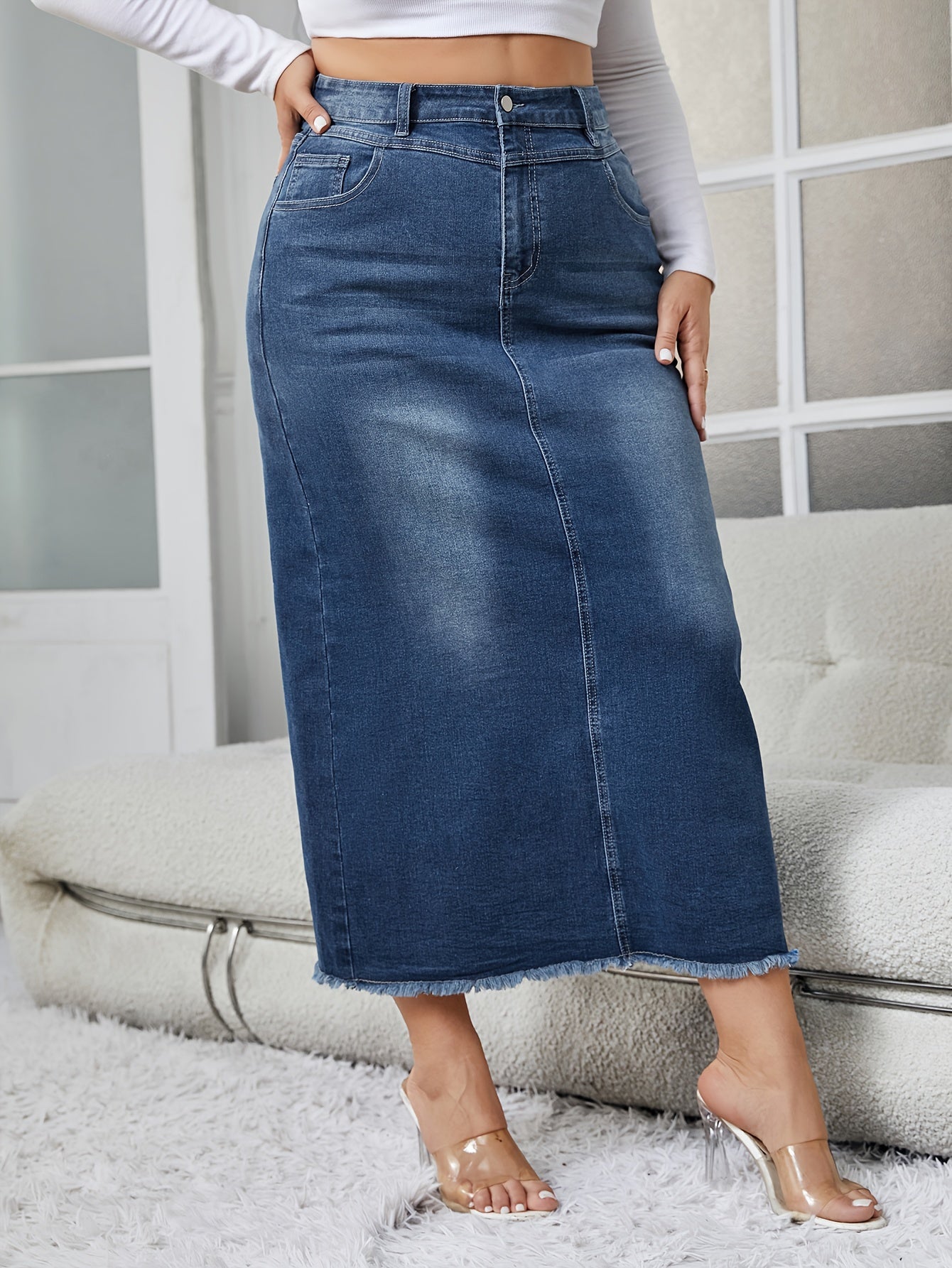 Women's Elegant Denim Skirt, Plus Size Washed Raw Trim Button Fly High Rise High Stretch Midi Denim Skirt