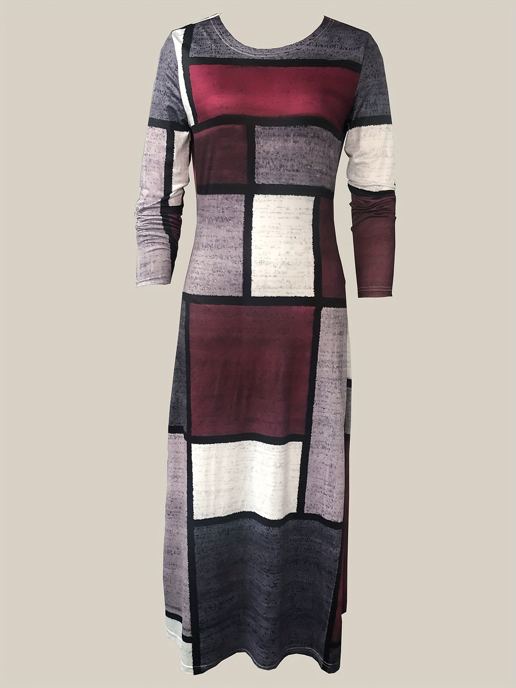 Vibrant Patchwork Print Maxi Dress - Soft Crew Neck, Long Sleeve, Comfortable Casual Wear for Women - Stylish, Relaxed Fit, Perfect for Daily Life, Outdoor Activities, and Travel
