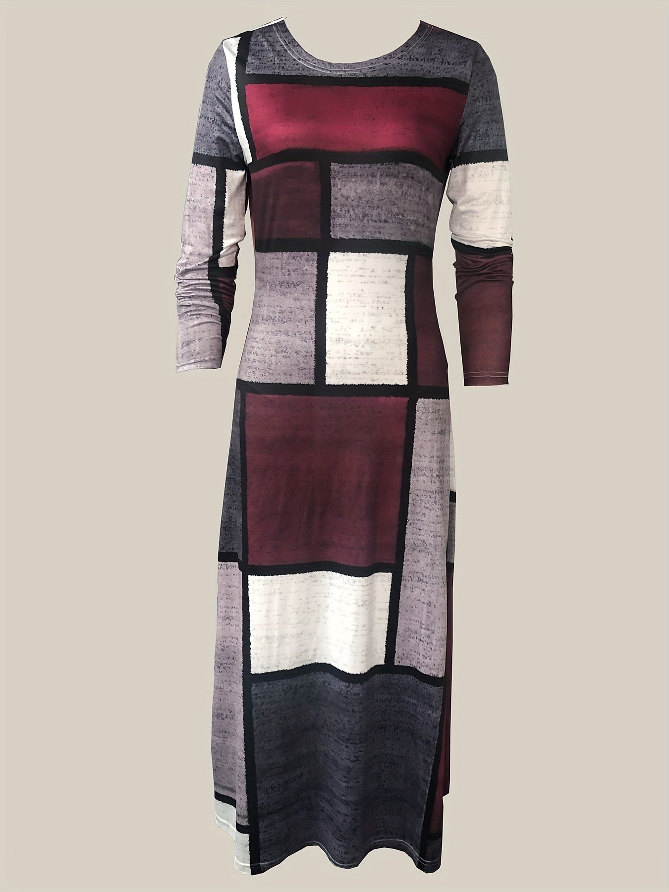 Vibrant Patchwork Print Maxi Dress - Soft Crew Neck, Long Sleeve, Comfortable Casual Wear for Women - Stylish, Relaxed Fit, Perfect for Daily Life, Outdoor Activities, and Travel