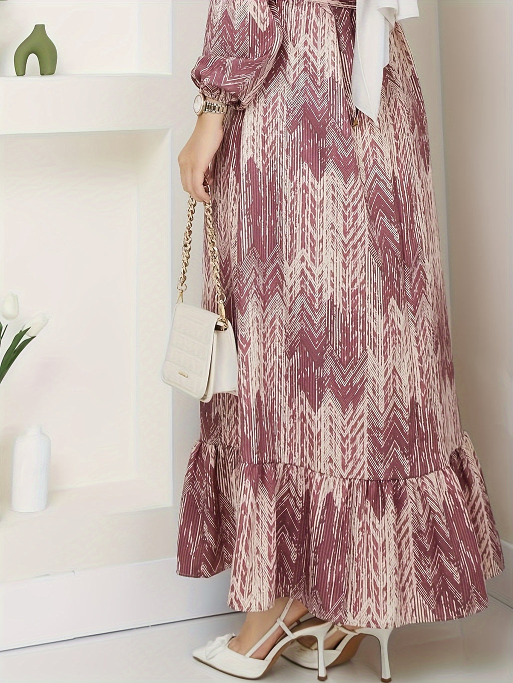 Elegant Floral Print Maxi Dress with Tie Waist - Crew Neck, Long Sleeve, Machine Washable - Perfect for All Seasons