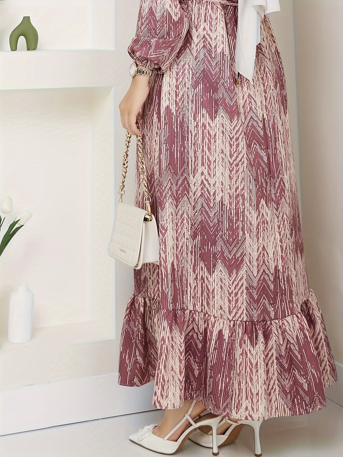 Elegant Floral Print Maxi Dress with Tie Waist - Crew Neck, Long Sleeve, Machine Washable - Perfect for All Seasons