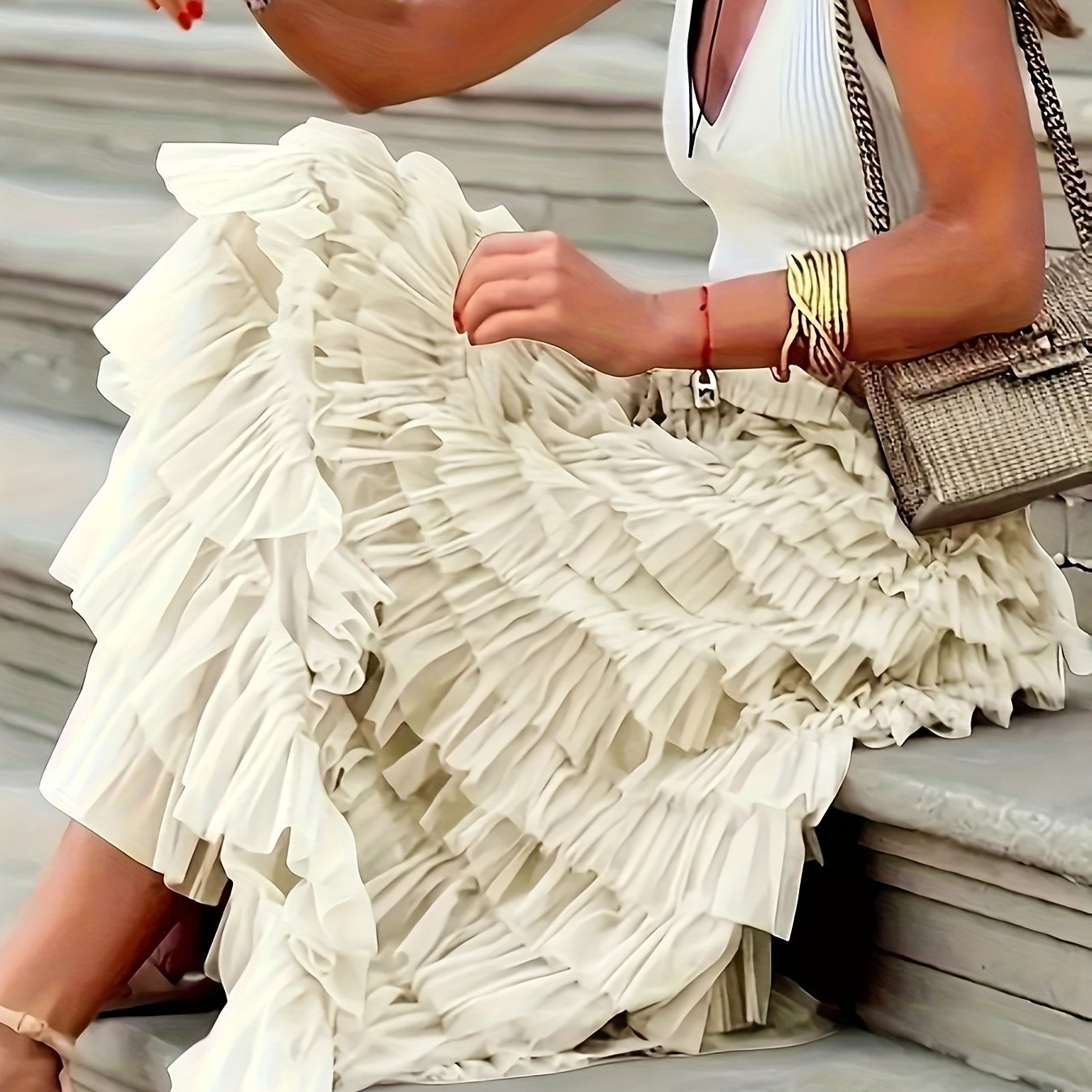 Mesh Layered Hem Skirt, Boho High Waist Skirt, Women's Clothing