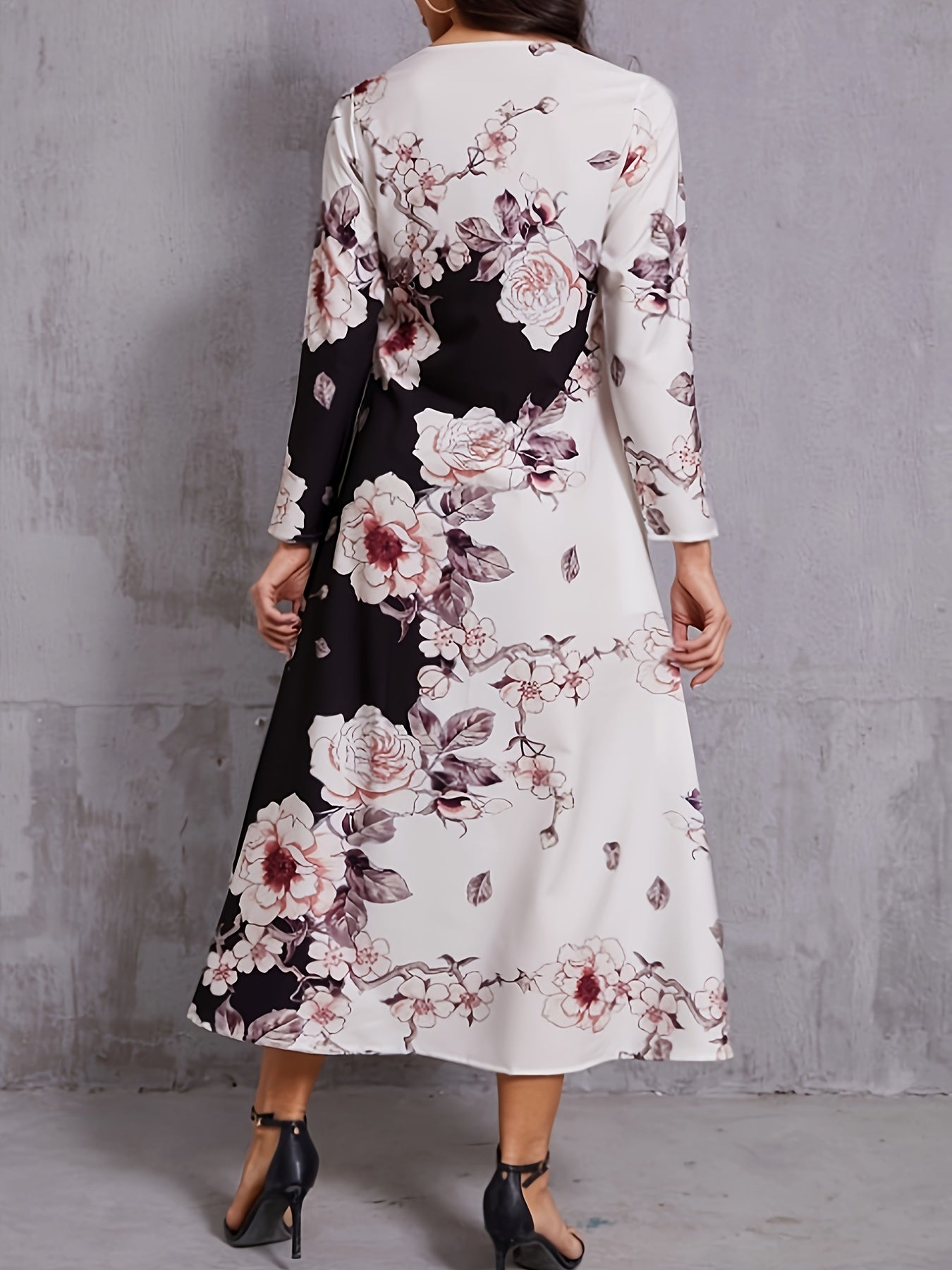Floral Print Keyhole Dress, Elegant Long Sleeve Crew Neck Maxi Dress, Women's Clothing
