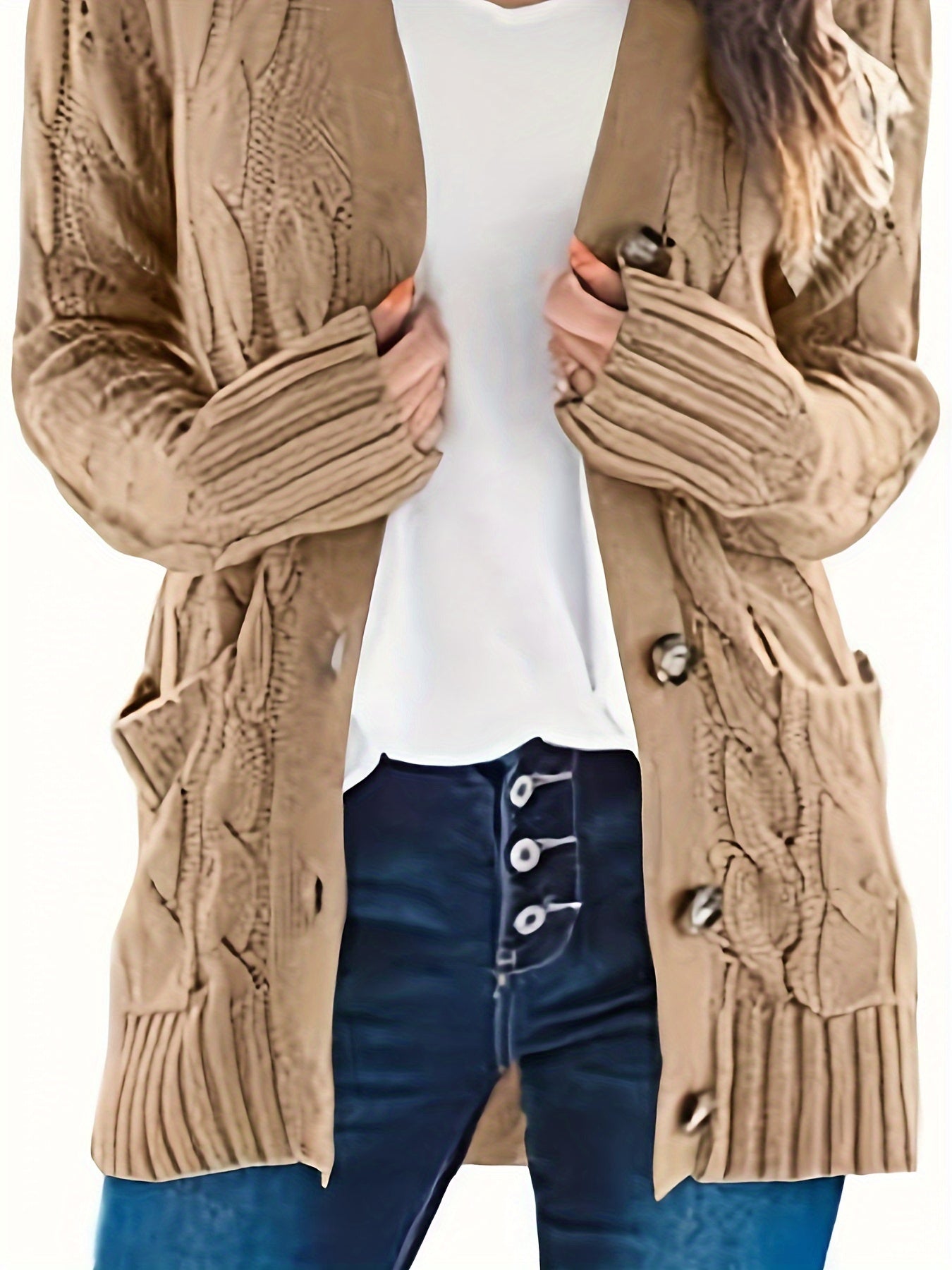Plus Size Side Pockets Button Front Cardigans, Casual V Neck Solid Color Long Sleeve Cable Knit Cardigans Top For Winter & Fall, Women's Plus Size Clothing