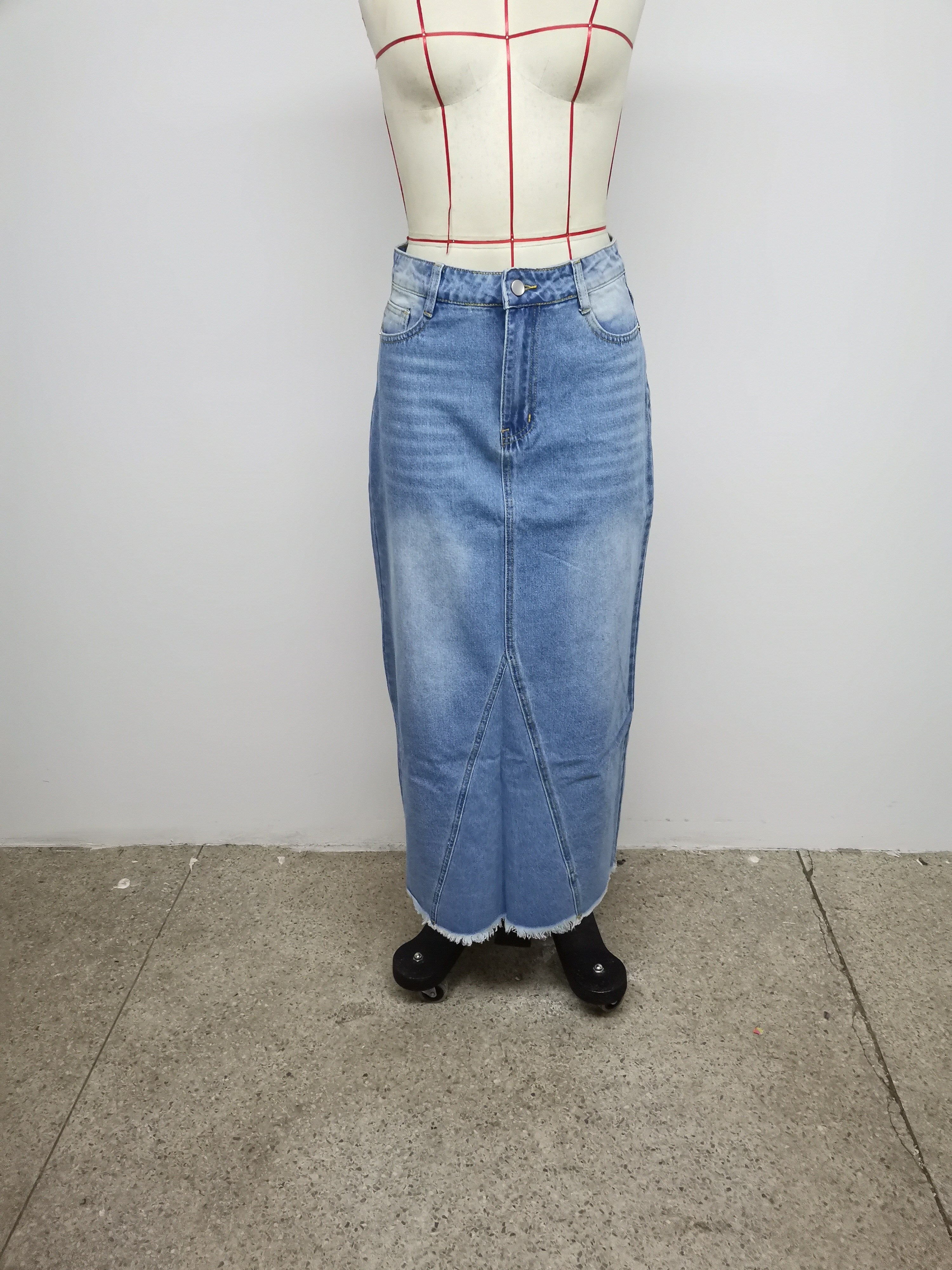 Raw Hem Slash Pocket Maxi Denim Skirt, Plain Washed Blue Whiskering Denim Skirt, Women's Denim Jeans & Clothing
