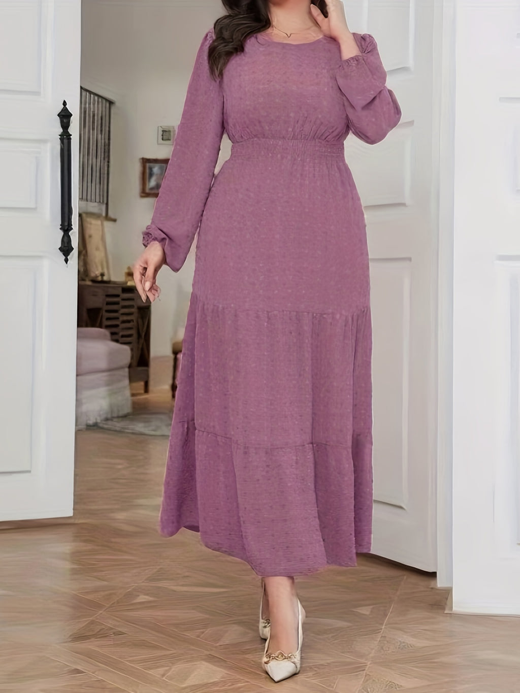 High Waist Tiered Dress, Elegant Solid Long Sleeve Maxi Dress, Women's Clothing