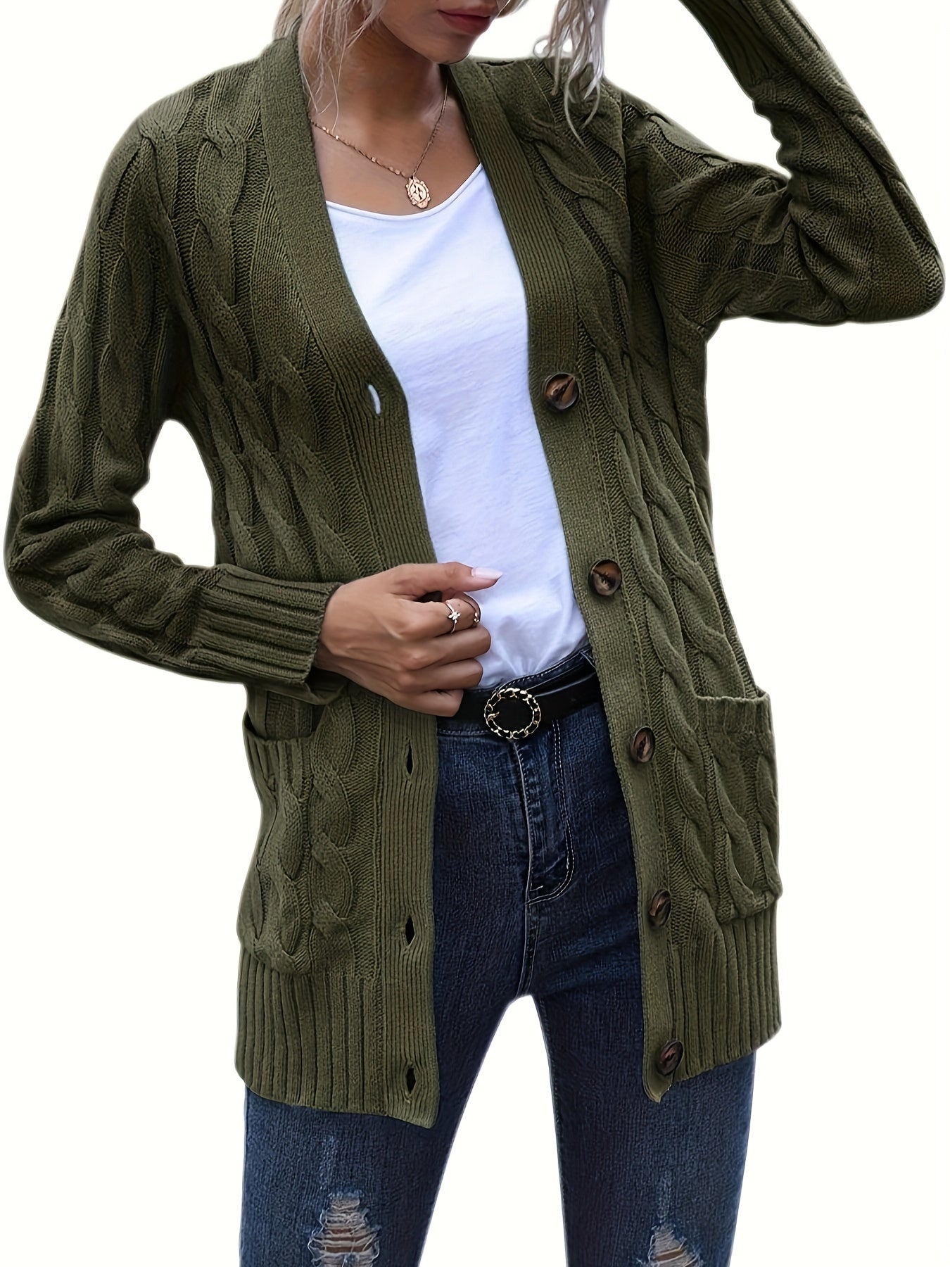 Plus Size Side Pockets Button Front Cardigans, Casual V Neck Solid Color Long Sleeve Cable Knit Cardigans Top For Winter & Fall, Women's Plus Size Clothing