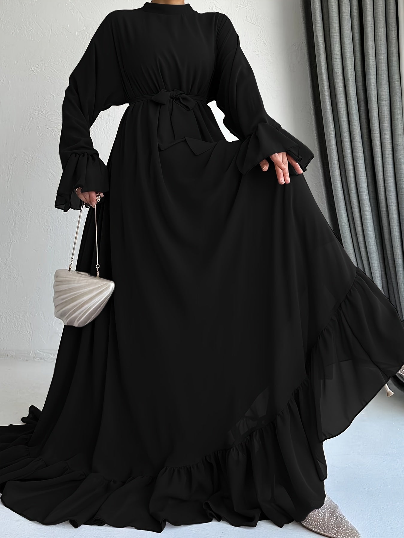 Stunning Solid Color Belted Peplum Maxi Dress - Elegant Abayas for Women with Long Sleeves, Pleated Design, and Flattering Silhouette for Spring and Fall Seasons - Chic and Modest Clothing for Ladies