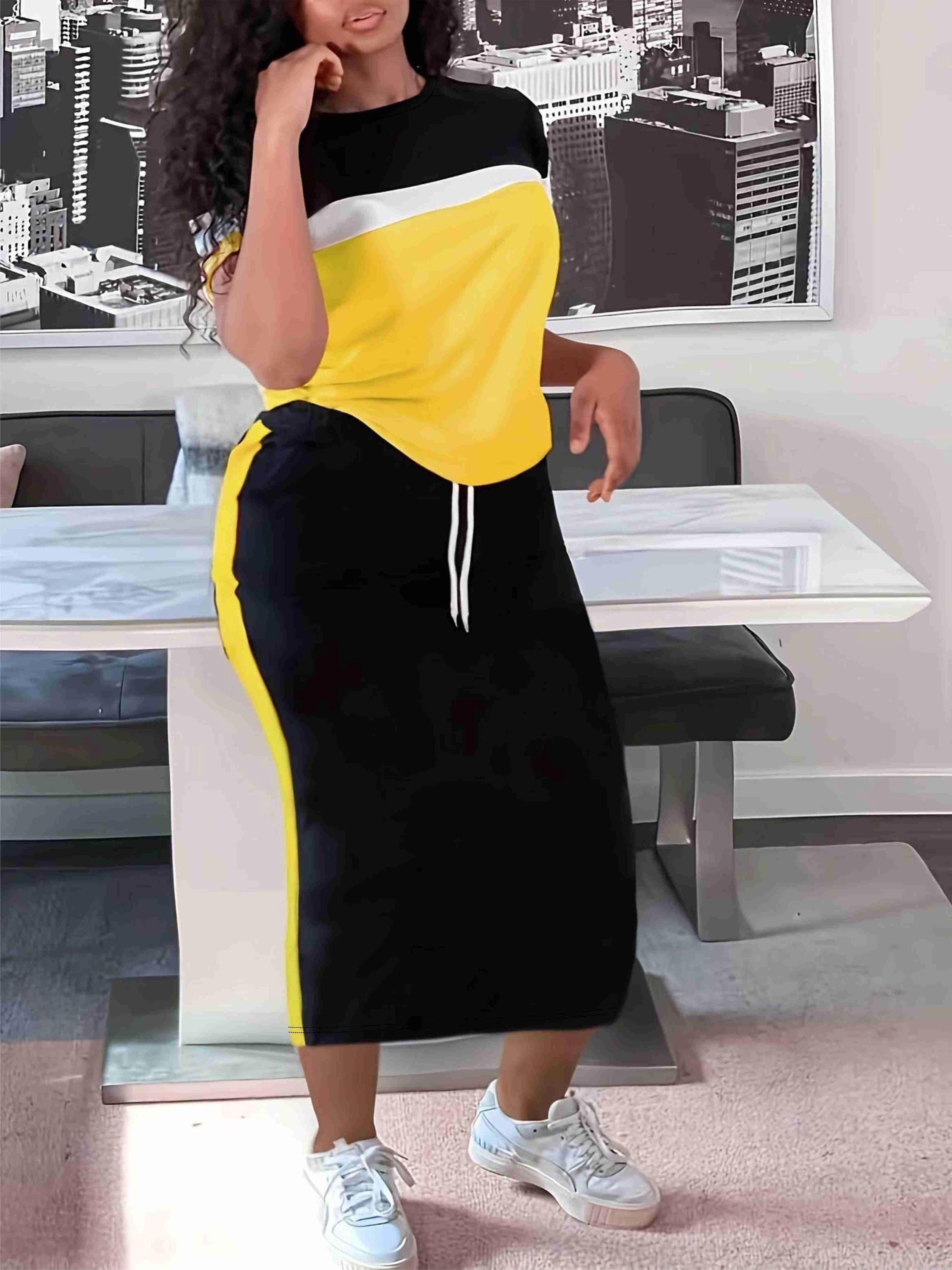 Plus Size Two-Piece Skirt Set - Crew Neck Short Sleeve Top & Drawstring Skirt Outfit with Slight Stretch, Solid Color, Knit Fabric - Comfortable, Casual, and Chic Womens Plus Size Clothing for Everyday Wear