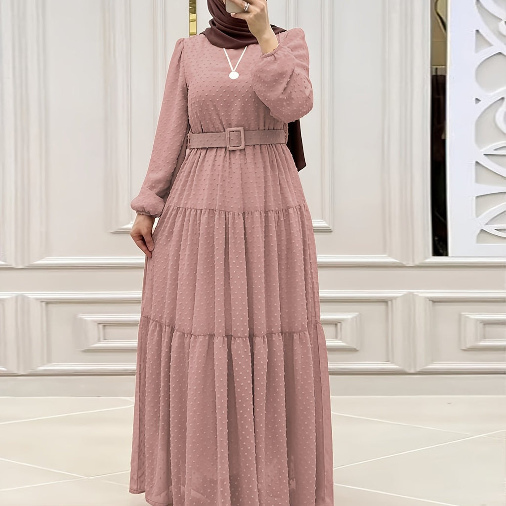 Stunning Swiss Dot Kaftan Maxi Dress - Elegant Long Sleeve, Tie Waist, Flowy Design, Comfortable Women's Clothing for Everyday Wear