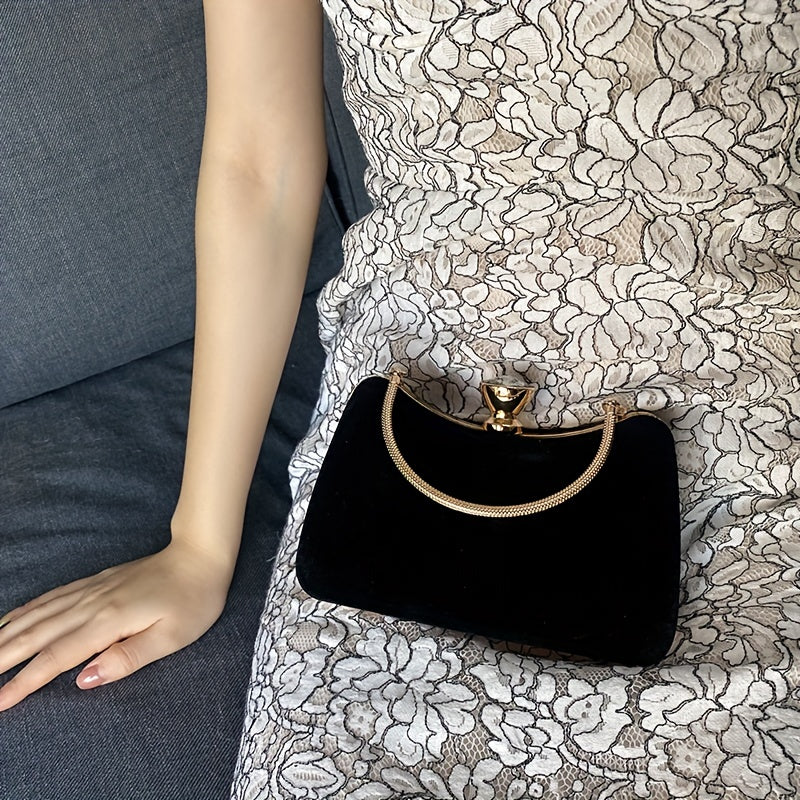 Women'S Elegant Black Luxury Evening Clutch Handbag with Golden-Tone Hardware - Structured Round Top & Chain Strap, Formal Party Purse for Special Occasions, Sophisticated Accessory, Golden-Tone Buckle Closure