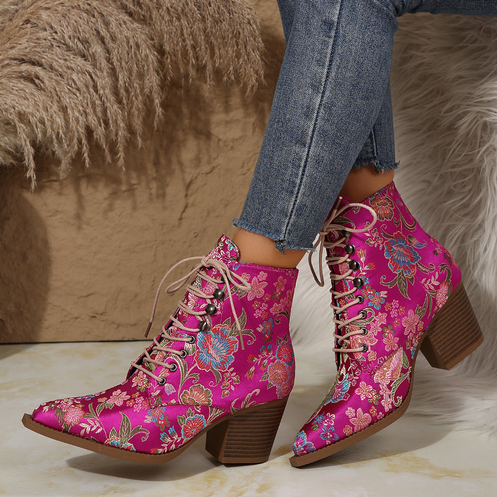 Women'S Chunky Heel Lace-Up Boots - Pointed Toe, PU Synthetic Cover for Parties, Formal & Casual Attire - Non-Slip Cushioned Insole - Winter Booties in Pink (European/American Style), Elegant Bootie For Women,