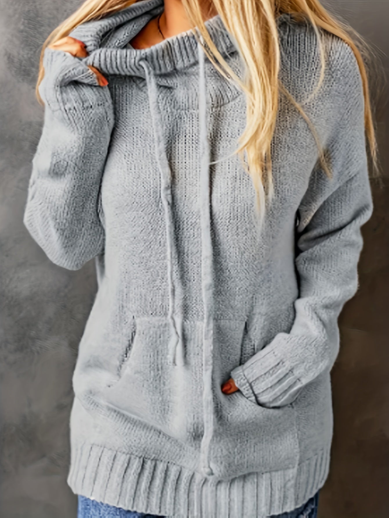 Plus Size Kangaroo Pocket Knitted Sweater, Casual Hooded Long Sleeve Sweater For Fall & Winter, Women's Plus Size Clothing