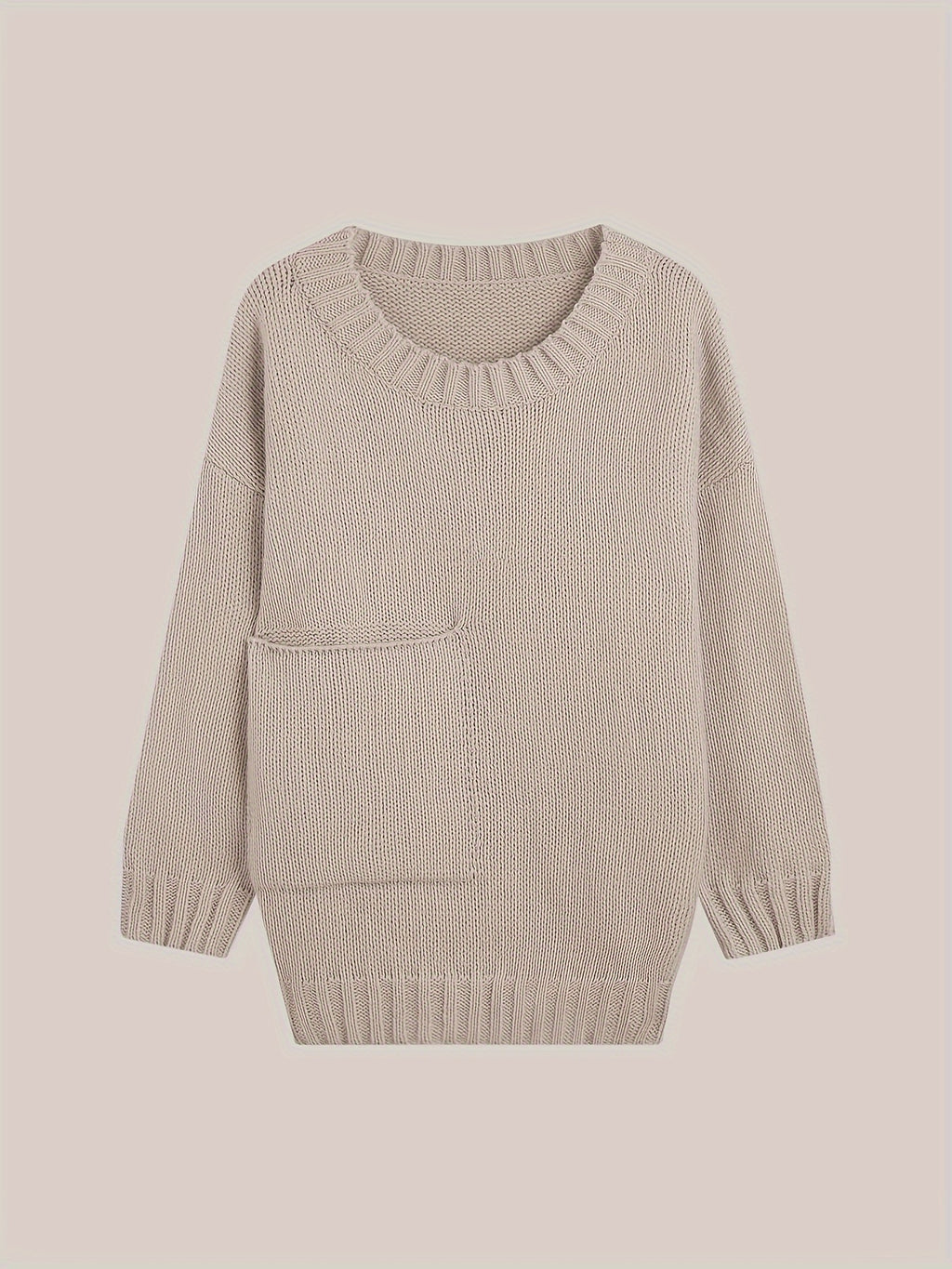 Plus Size Solid Pocket Sweater, Casual Long Sleeve Crew Neck Sweater For Fall & Winter, Women's Plus Size Clothing