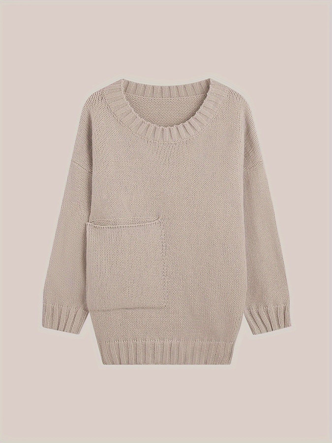 Plus Size Solid Pocket Sweater, Casual Long Sleeve Crew Neck Sweater For Fall & Winter, Women's Plus Size Clothing