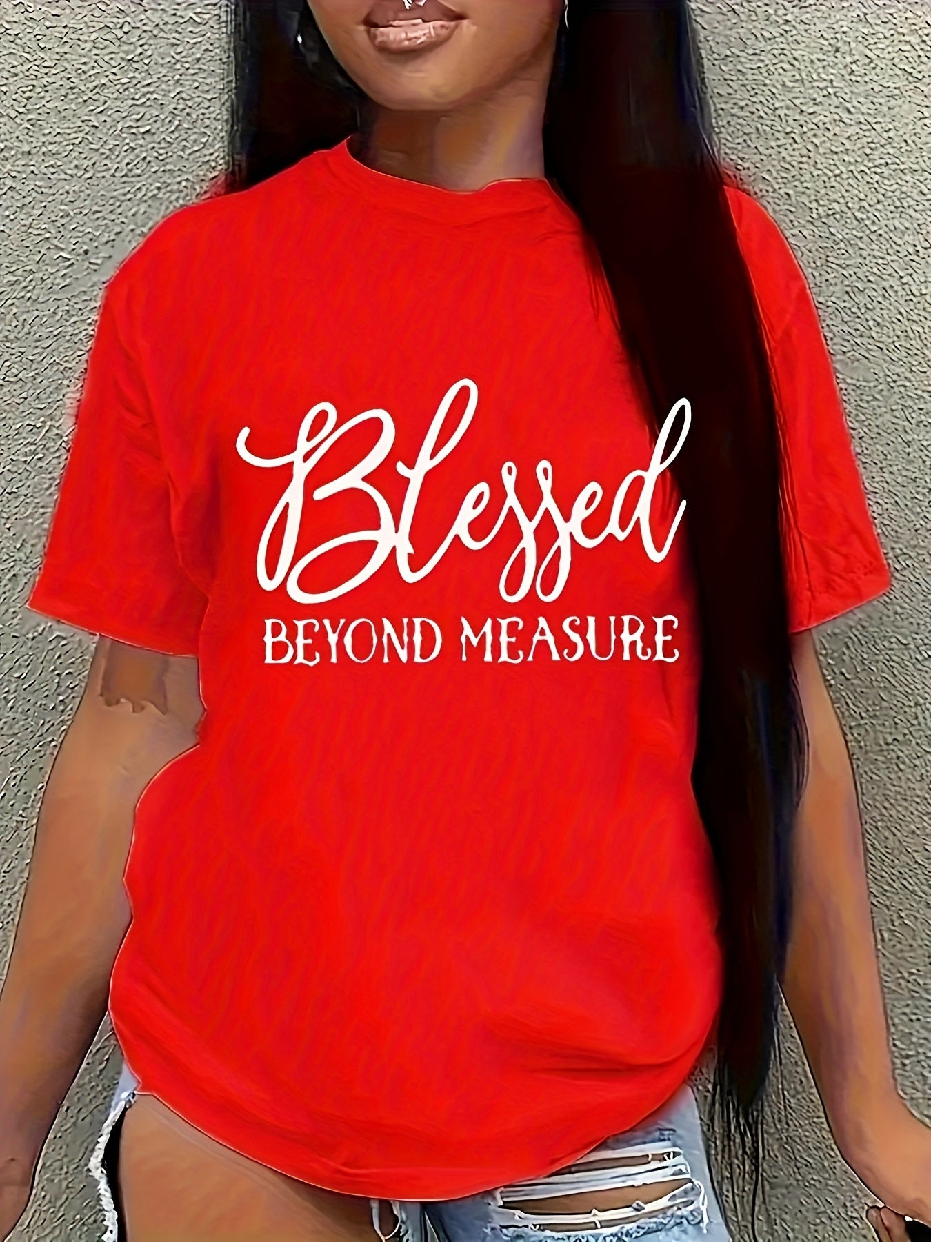 Plus Size Blessed Letter Print T-shirt, Short Sleeve Crew Neck Casual Top For Summer & Spring, Women's Plus Size Clothing