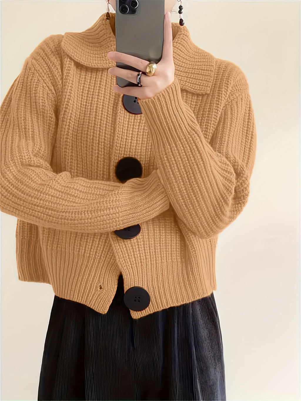 Plus Size Solid Color Button Front Knitted Cardigan, Stylish Casual Long Sleeve Cardigan For Fall & Winter, Women's Plus Size Clothing