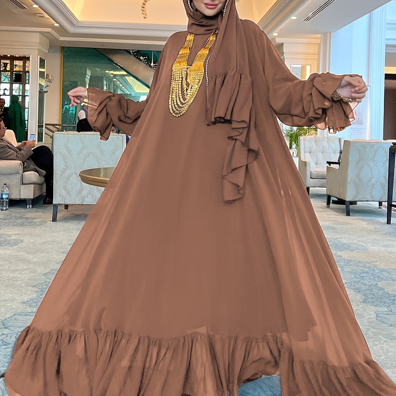 Stunning Solid Color Belted Peplum Maxi Dress - Elegant Abayas for Women with Long Sleeves, Pleated Design, and Flattering Silhouette for Spring and Fall Seasons - Chic and Modest Clothing for Ladies