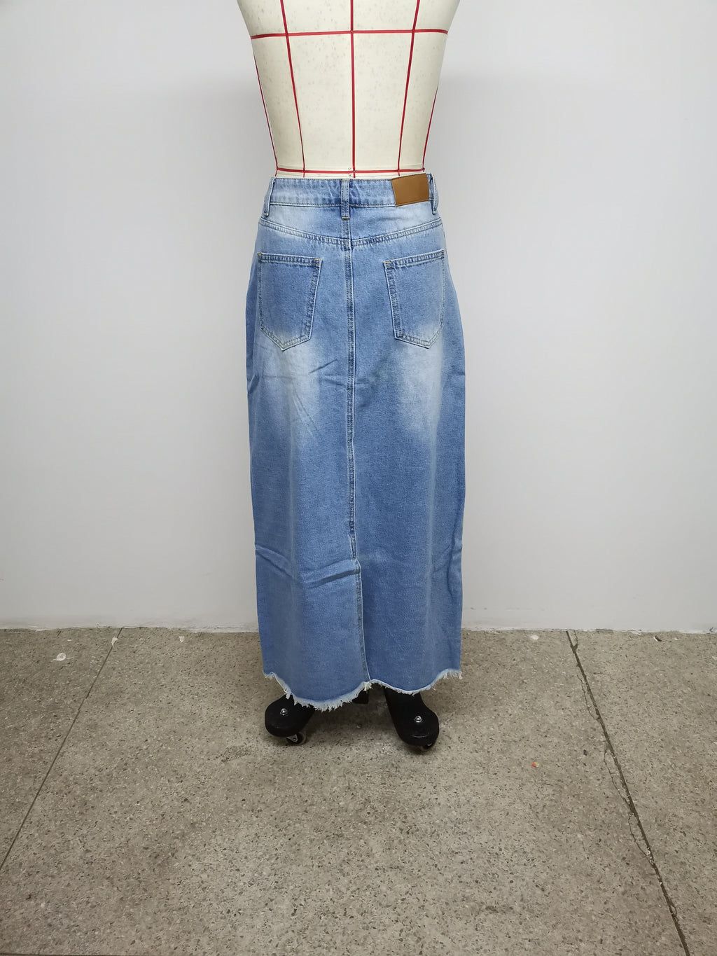 Raw Hem Slash Pocket Maxi Denim Skirt, Plain Washed Blue Whiskering Denim Skirt, Women's Denim Jeans & Clothing