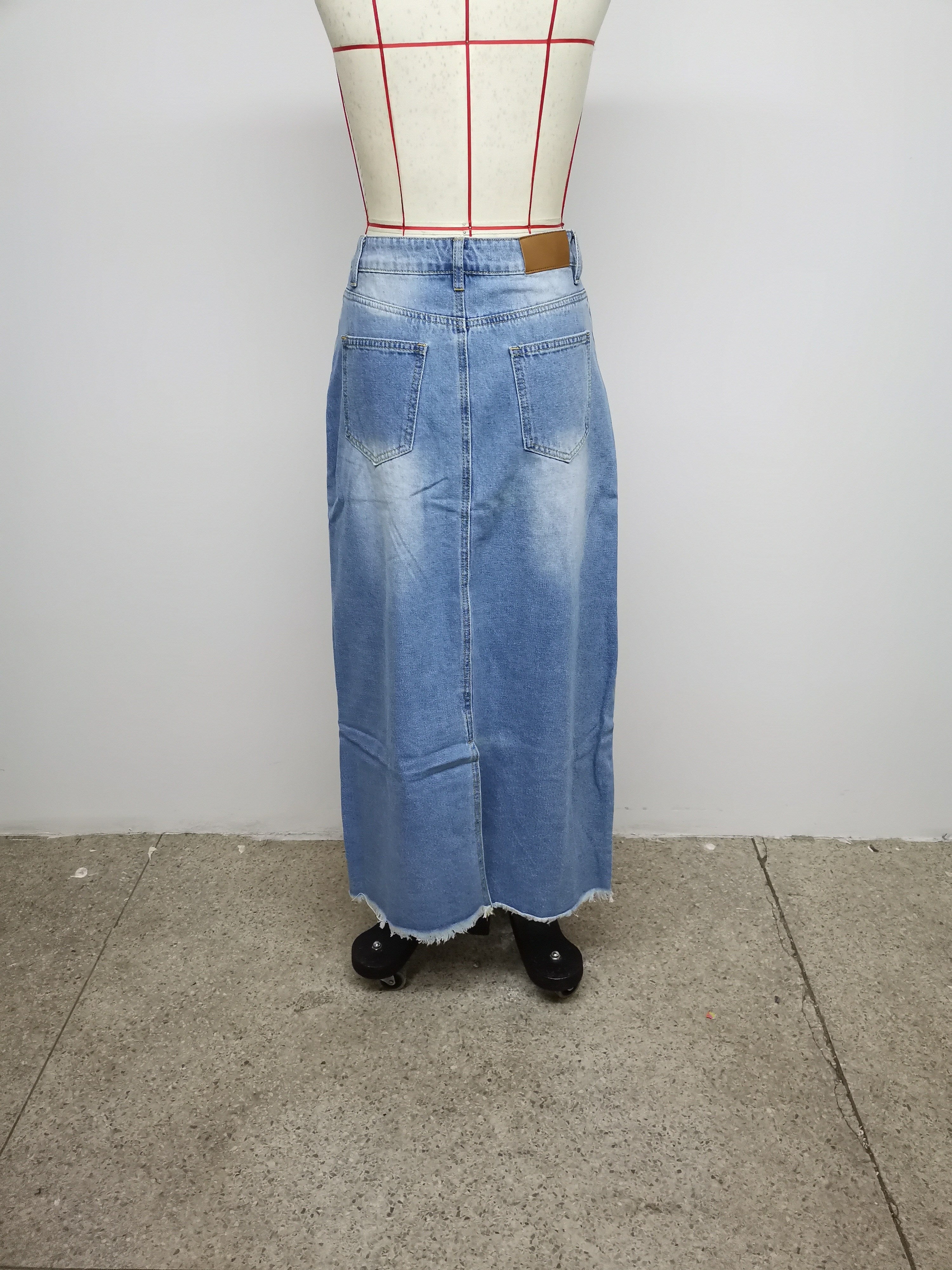 Raw Hem Slash Pocket Maxi Denim Skirt, Plain Washed Blue Whiskering Denim Skirt, Women's Denim Jeans & Clothing