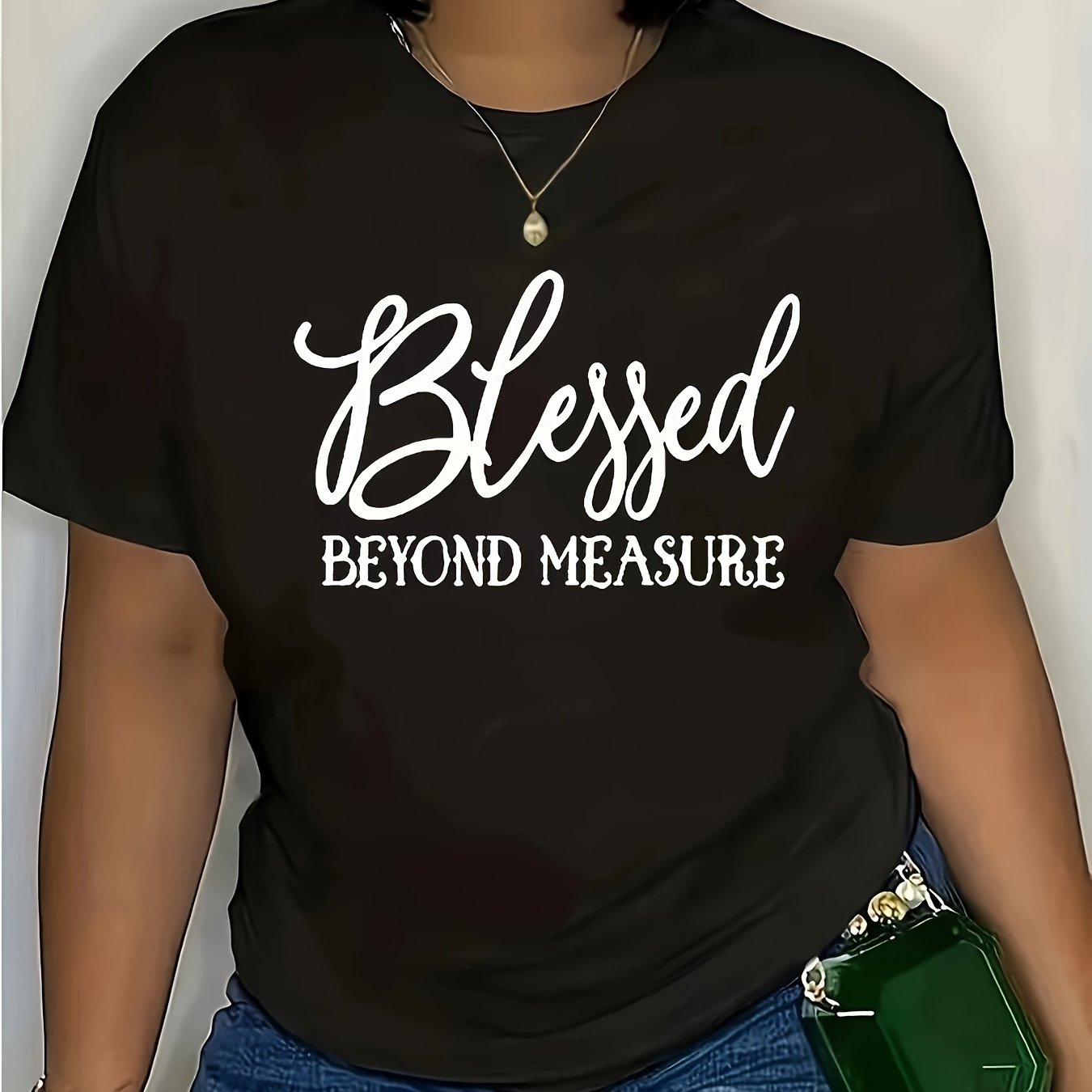 Plus Size Blessed Print T-shirt, Casual Short Sleeve Crew Neck Top For Spring & Summer, Women's Plus Size Clothing