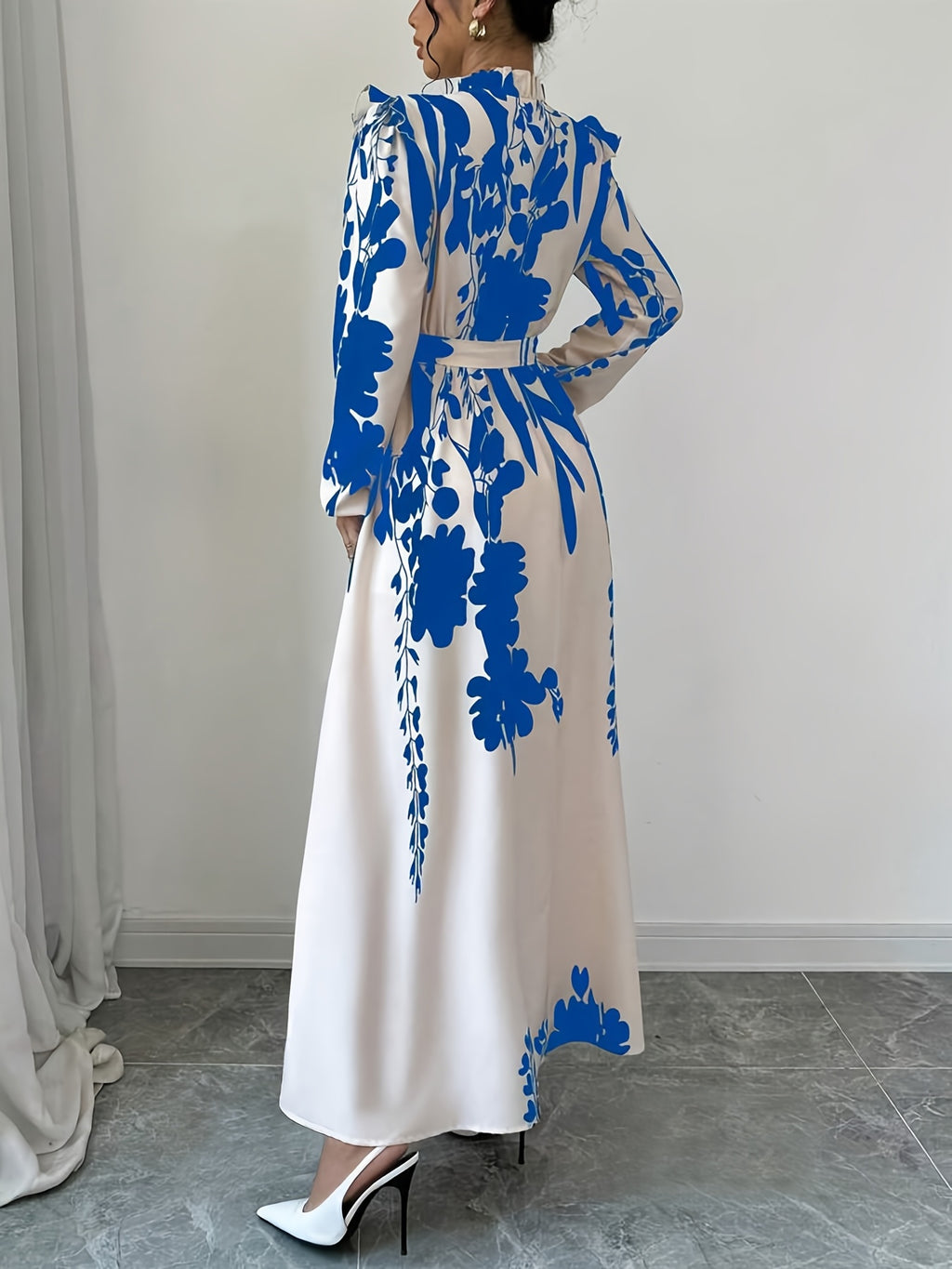 Elegant Floral Print Long Sleeve Dress with Stand Collar and Waist Detail, Polyester A-Line Maxi Dress, with Lantern Sleeves and Ruffle Hem, for Spring/Fall