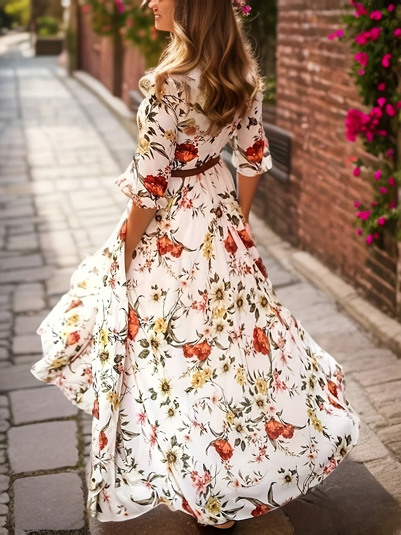 Elegant Women's Floral Print Maxi Dress with Swing Hem, 3/4 Sleeve, Polyester, Round Neck, Woven, All-Season, Middle East Specialty Collection - Adult