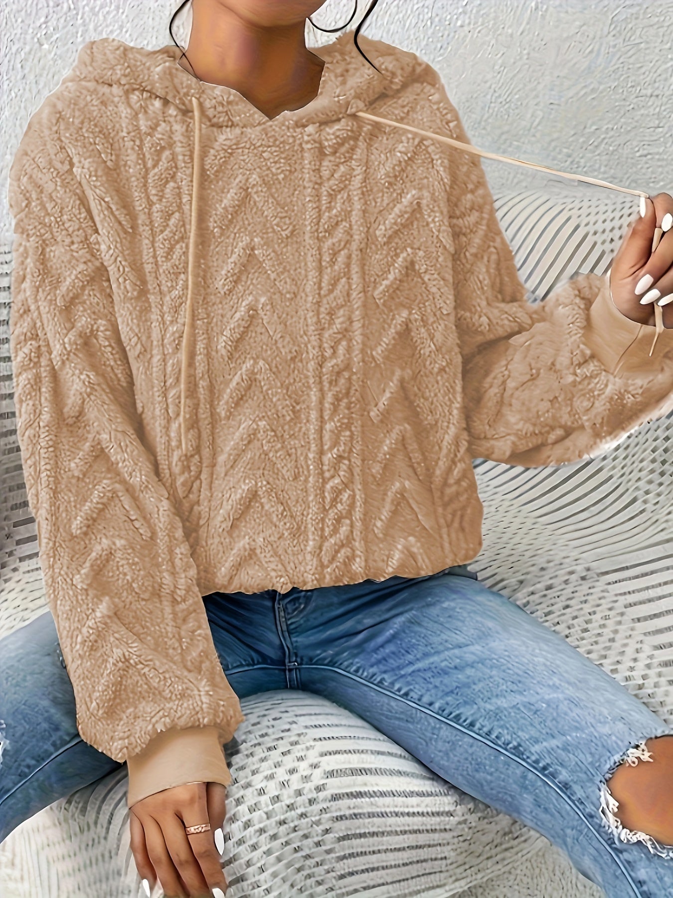 Plus Size Solid Fuzzy Hooded Sweatshirt, Casual Long Sleeve Pullover Sweatshirt, Women's Plus Size Clothing
