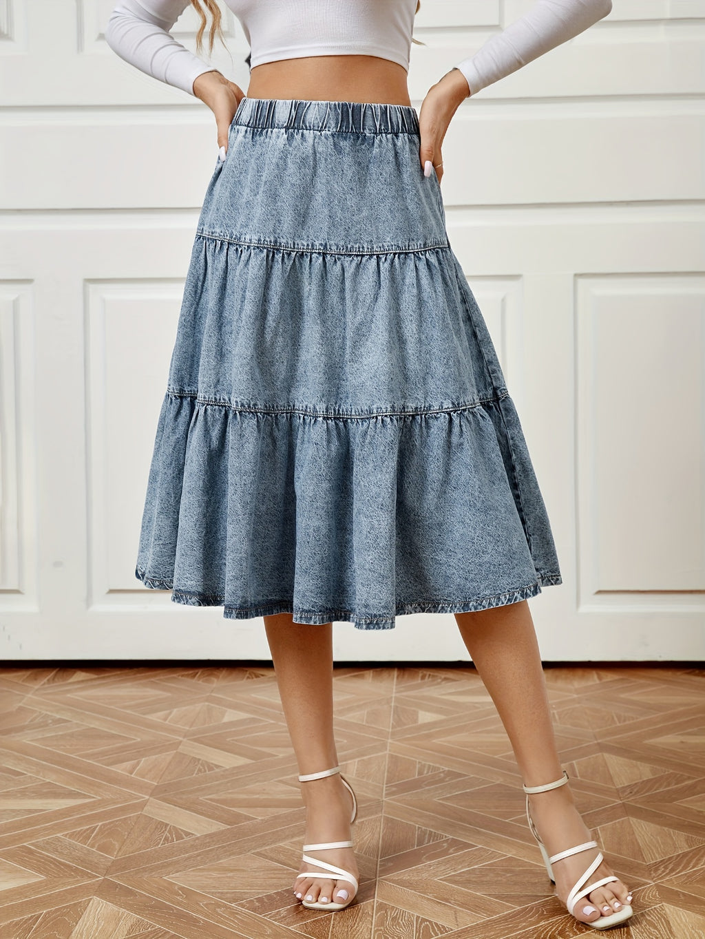 Blue Elastic Waist Denim Midi Skirt, Ruffle Hem Washed Loose Fit Casual Denim Skirt, Women's Denim Clothing