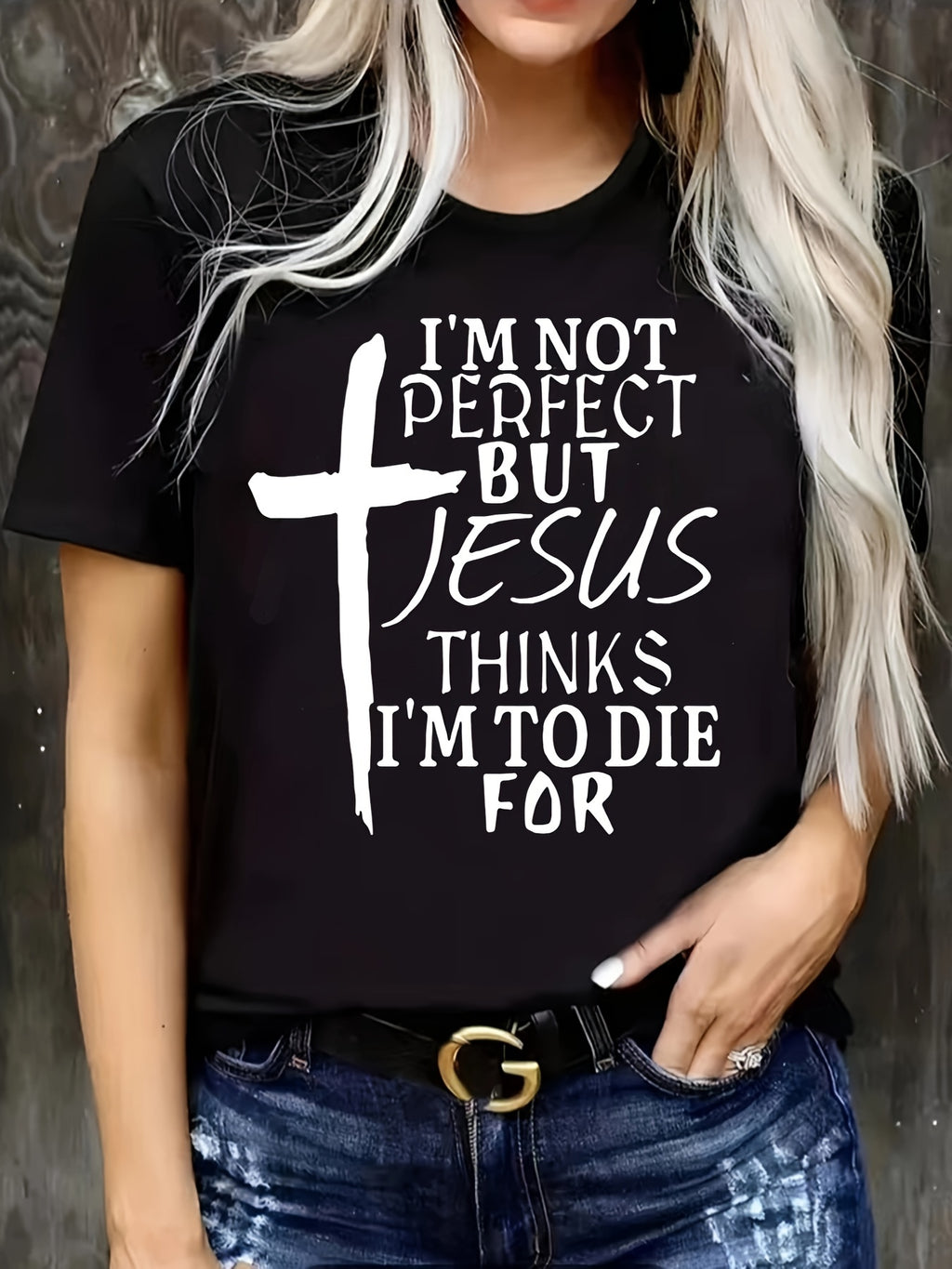Plus Size Cross & Letter Print T-Shirt, Casual Short Sleeve Top For Spring & Summer, Women's Plus Size Clothing