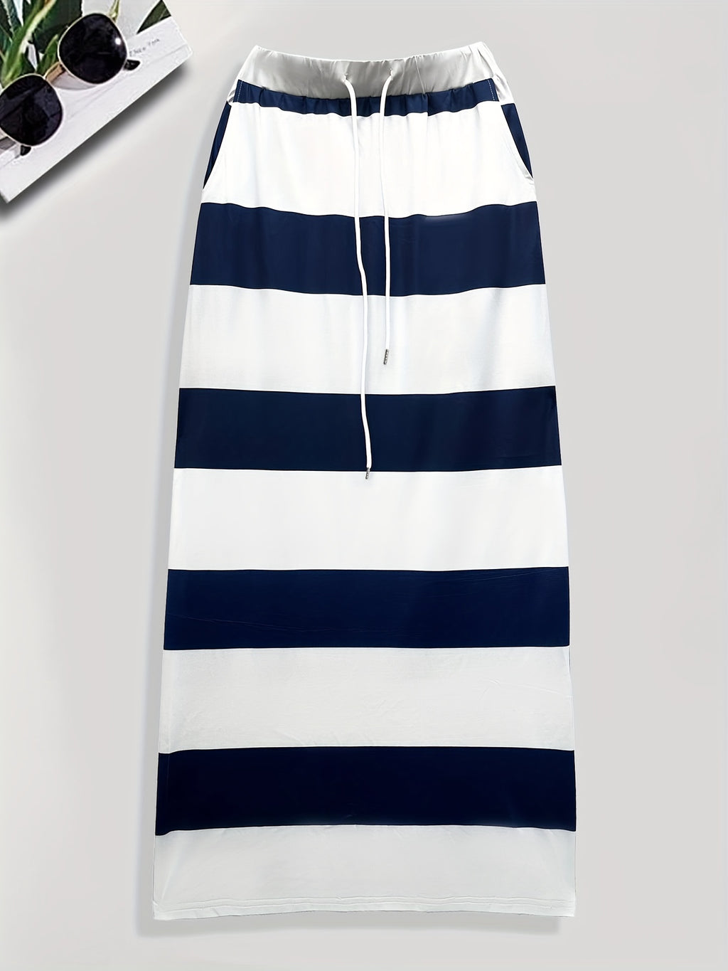 Striped Drawstring Maxi Skirt, Casual Slim Skirt For Spring & Summer, Women's Clothing
