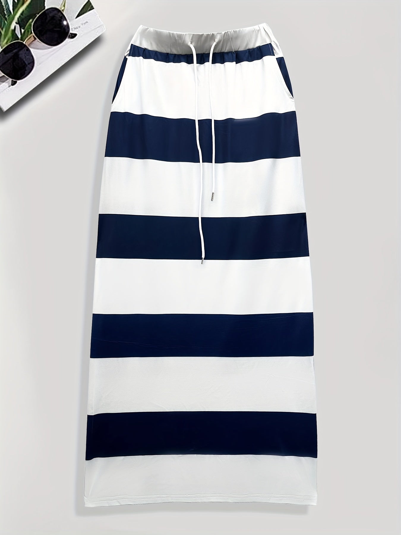 Striped Drawstring Maxi Skirt, Casual Slim Skirt For Spring & Summer, Women's Clothing