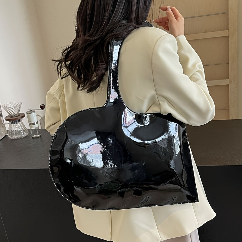 Fashionable Heart-Shaped Glossy PU Shoulder and Tote Bags for Women, Versatile for Travel, Shopping, and Everyday Use, Solid Color with Polyester Lining, Secure Buckle Closure